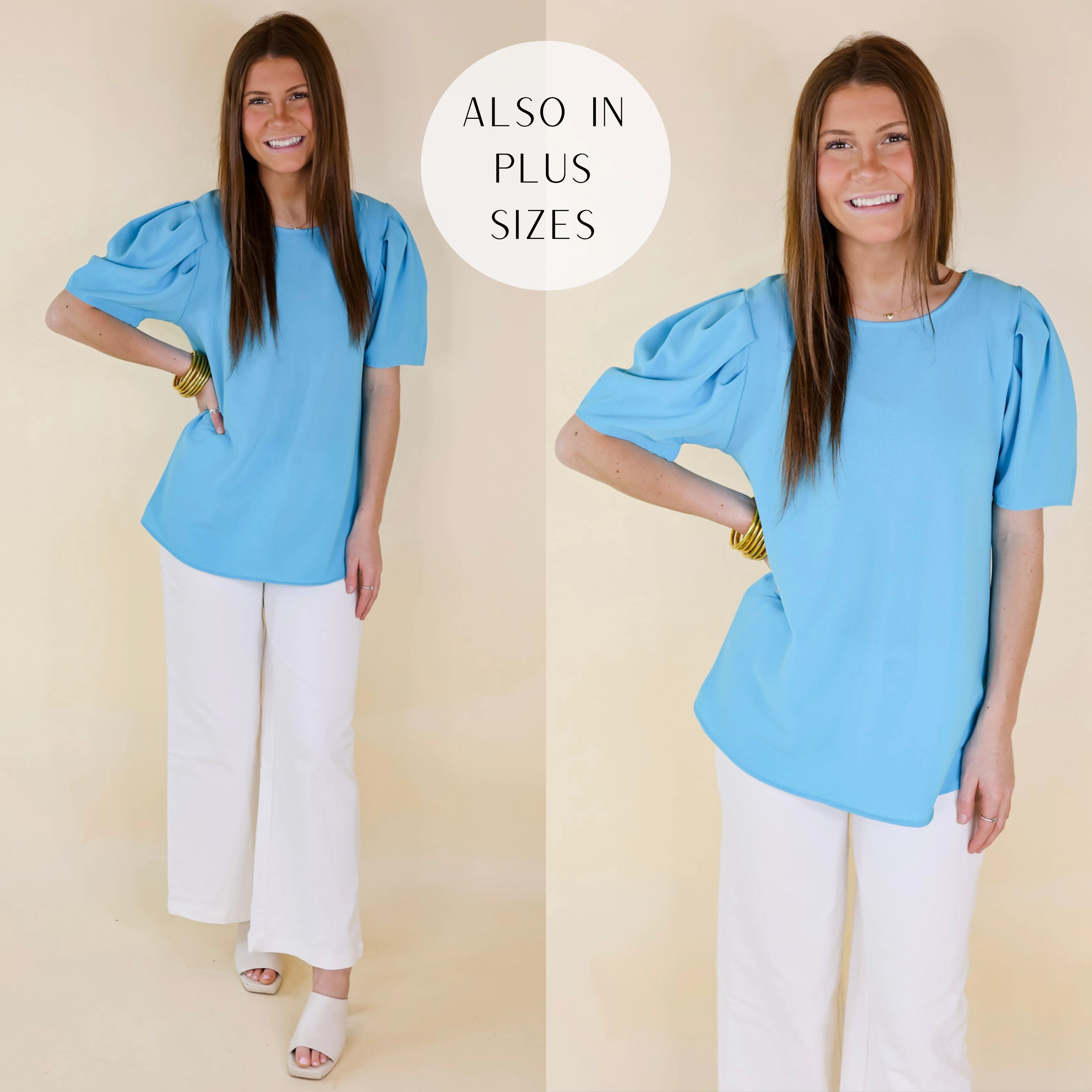 Share The Love Pleated Short Sleeve Top in Blue Photo Glam NonRestrictive Cut