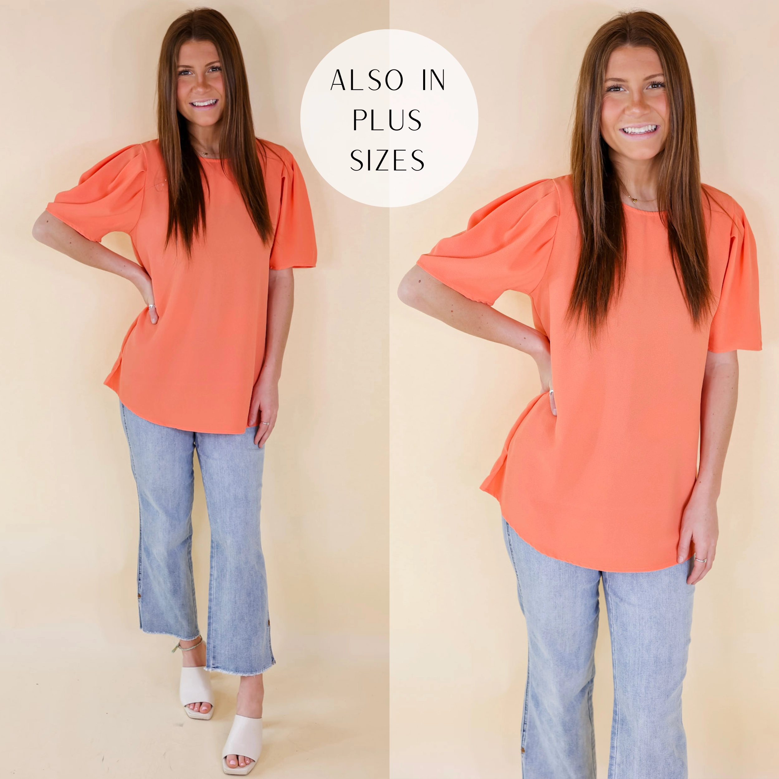 Share The Love Pleated Short Sleeve Top in Coral Orange Warm Knit OdorControlTech