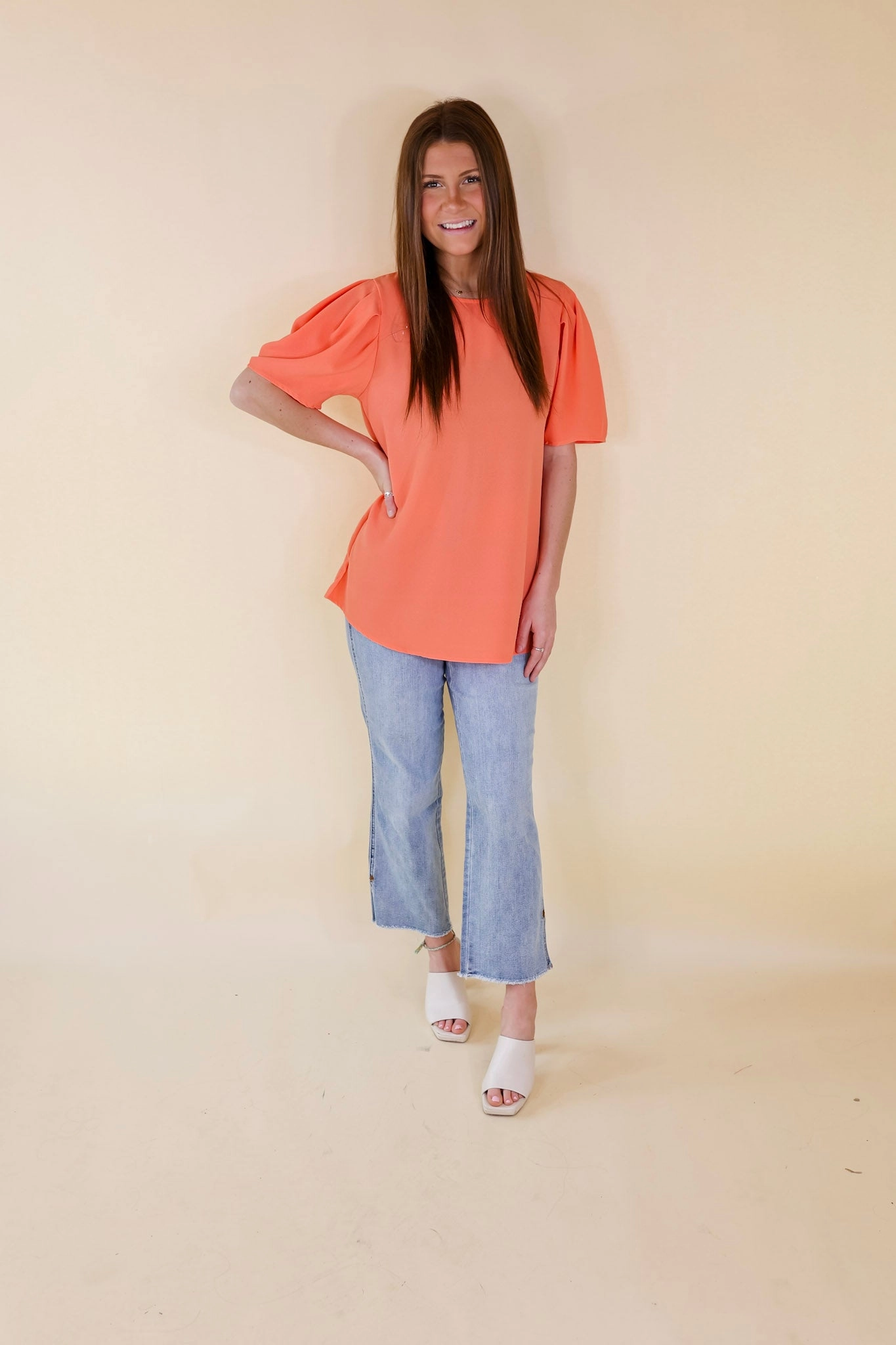 Share The Love Pleated Short Sleeve Top in Coral Orange Fire Glow