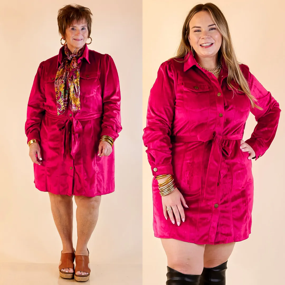 Tech Edge Free And Flirty Suede Button Up Dress with Waist Tie in Fuchsia Pink