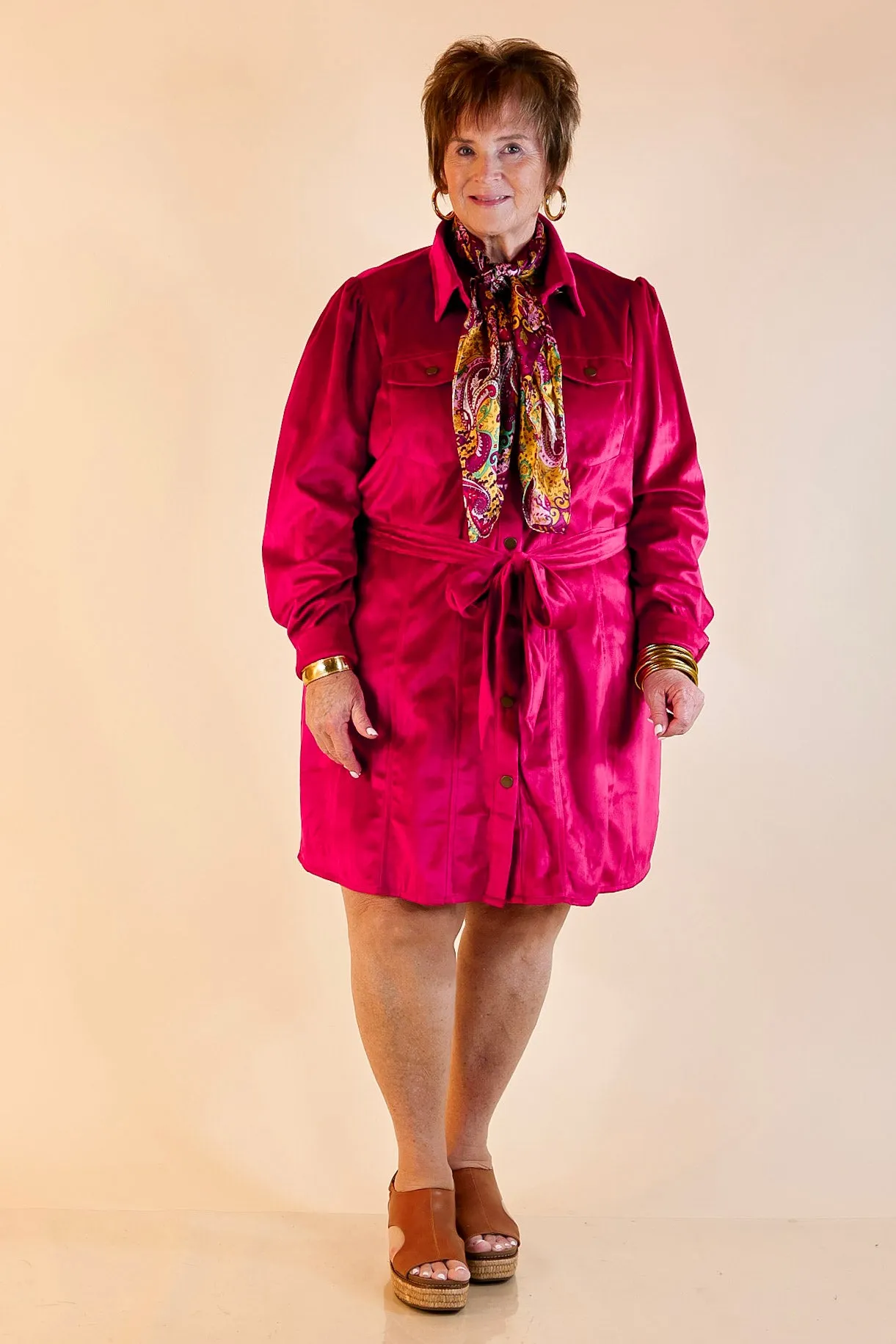 Free And Flirty Suede Button Up Dress with Waist Tie in Fuchsia Pink Carry Ease