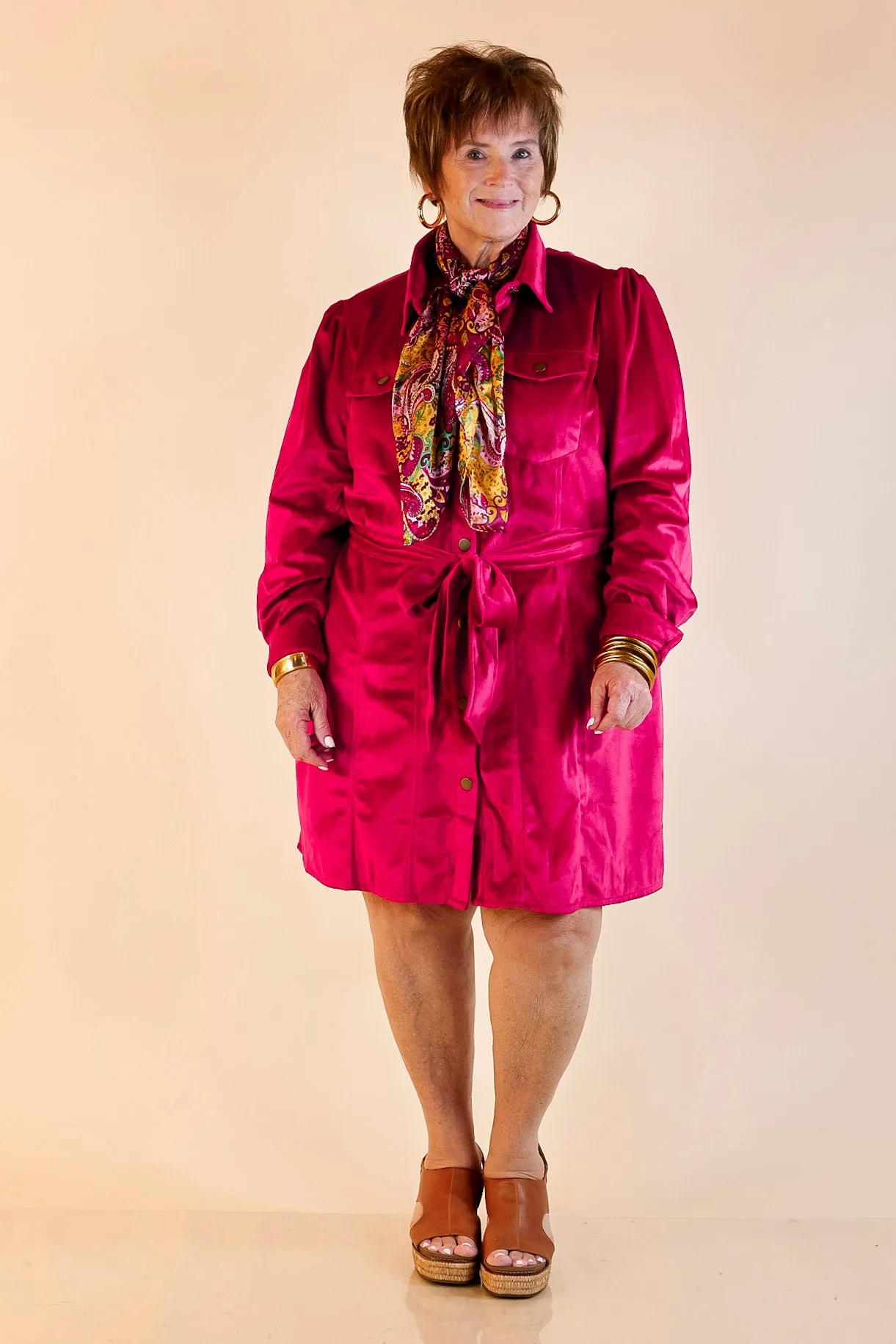 Free And Flirty Suede Button Up Dress with Waist Tie in Fuchsia Pink CompressiveFitFabric