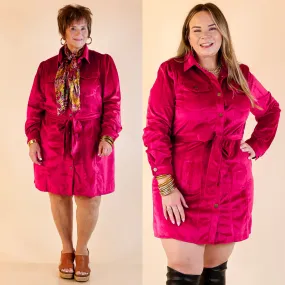 Tech Edge Free And Flirty Suede Button Up Dress with Waist Tie in Fuchsia Pink