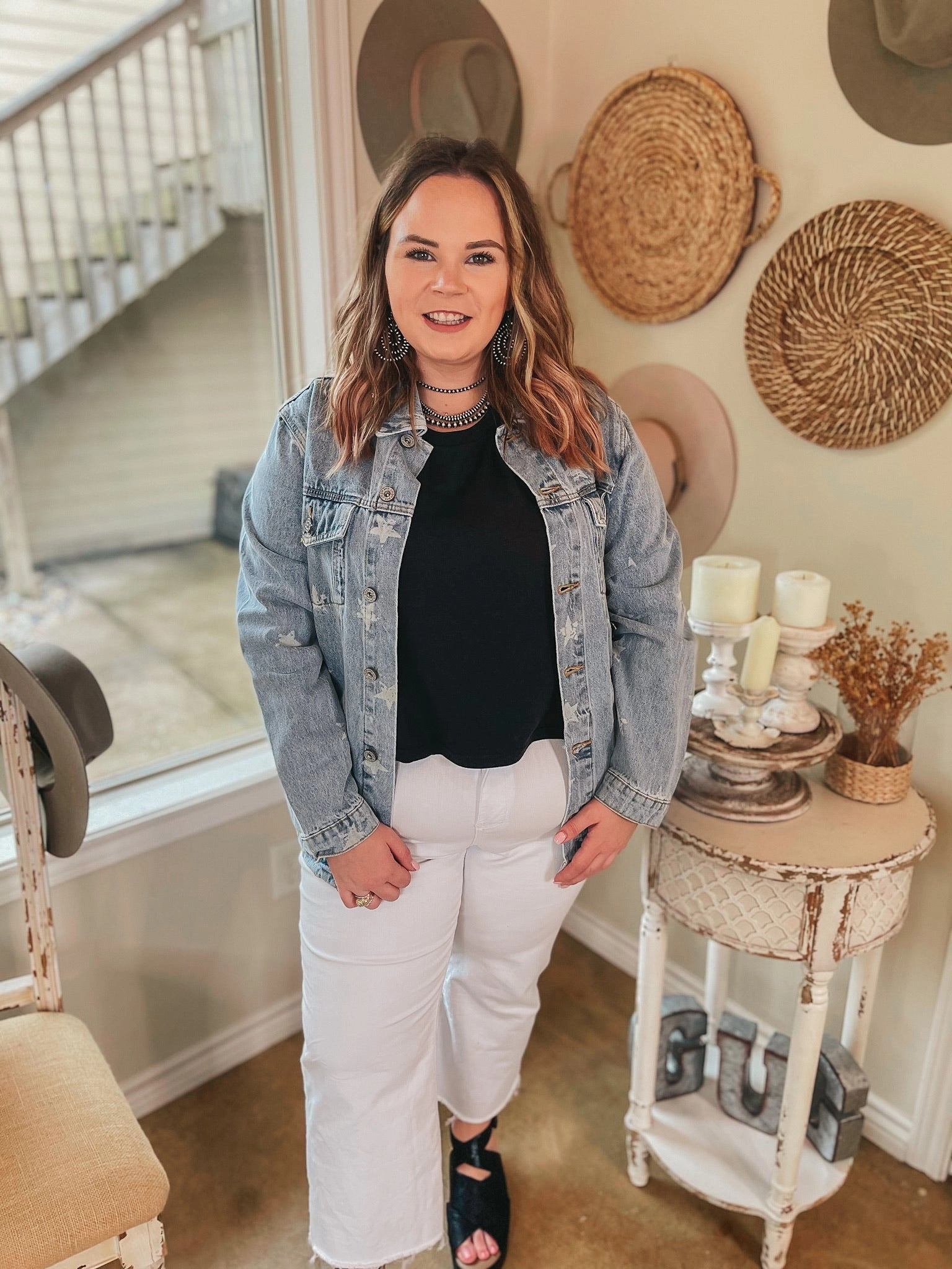 Smart Look LightweightTextile Star Sign Button Up Denim Jacket with Stars in Light Wash