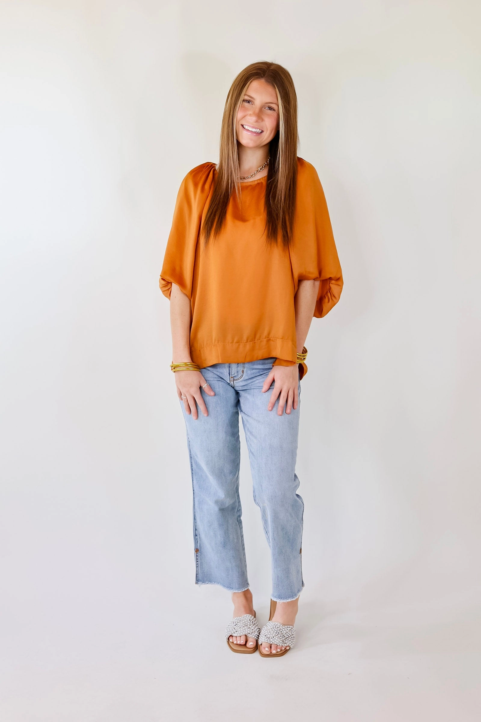 Desert Heat Flash A Smile Half Balloon Sleeve Satin Blouse in Burnt Orange