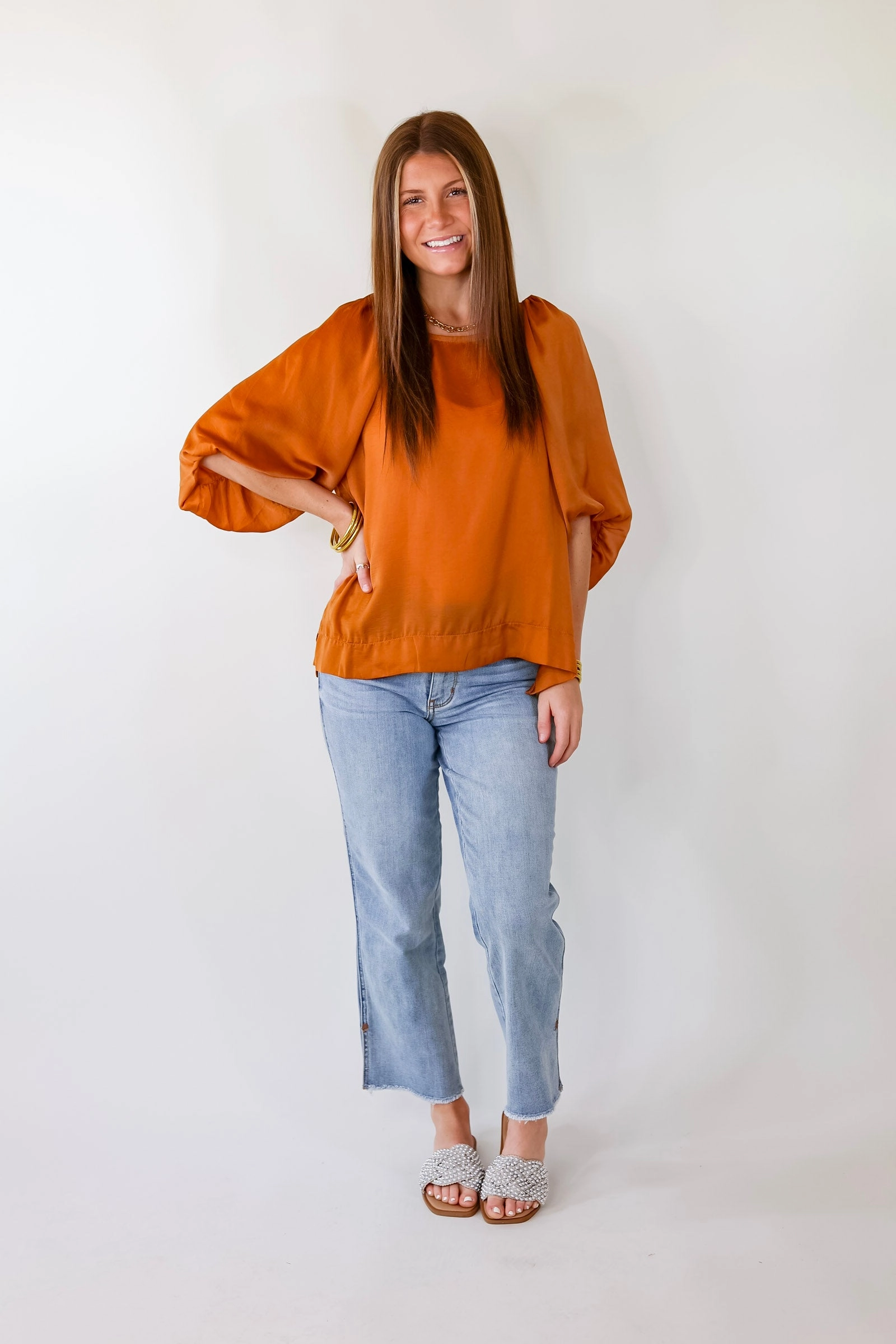 Flash A Smile Half Balloon Sleeve Satin Blouse in Burnt Orange RollUp Sleeves