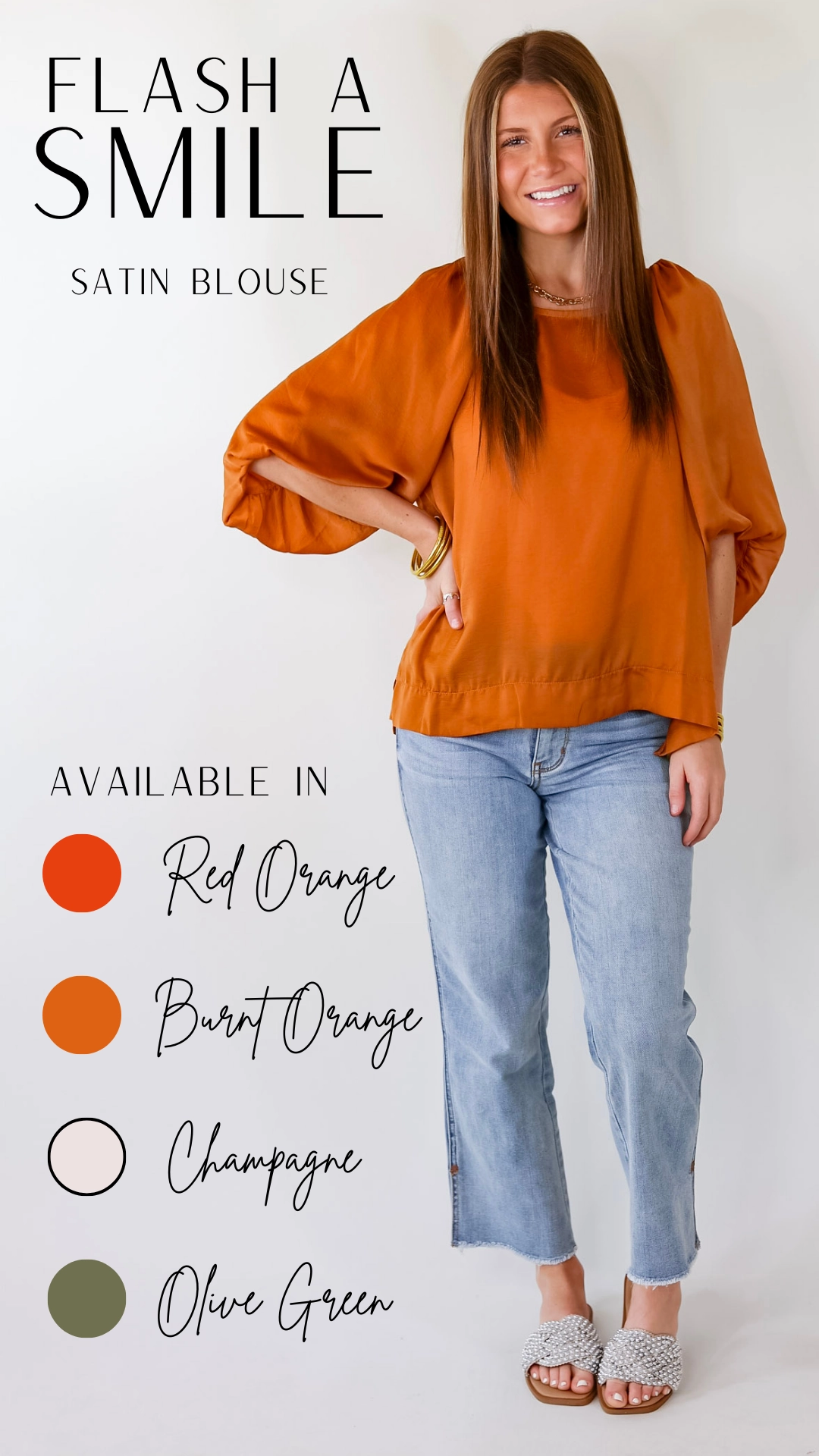 Flash A Smile Half Balloon Sleeve Satin Blouse in Burnt Orange Inner Glow