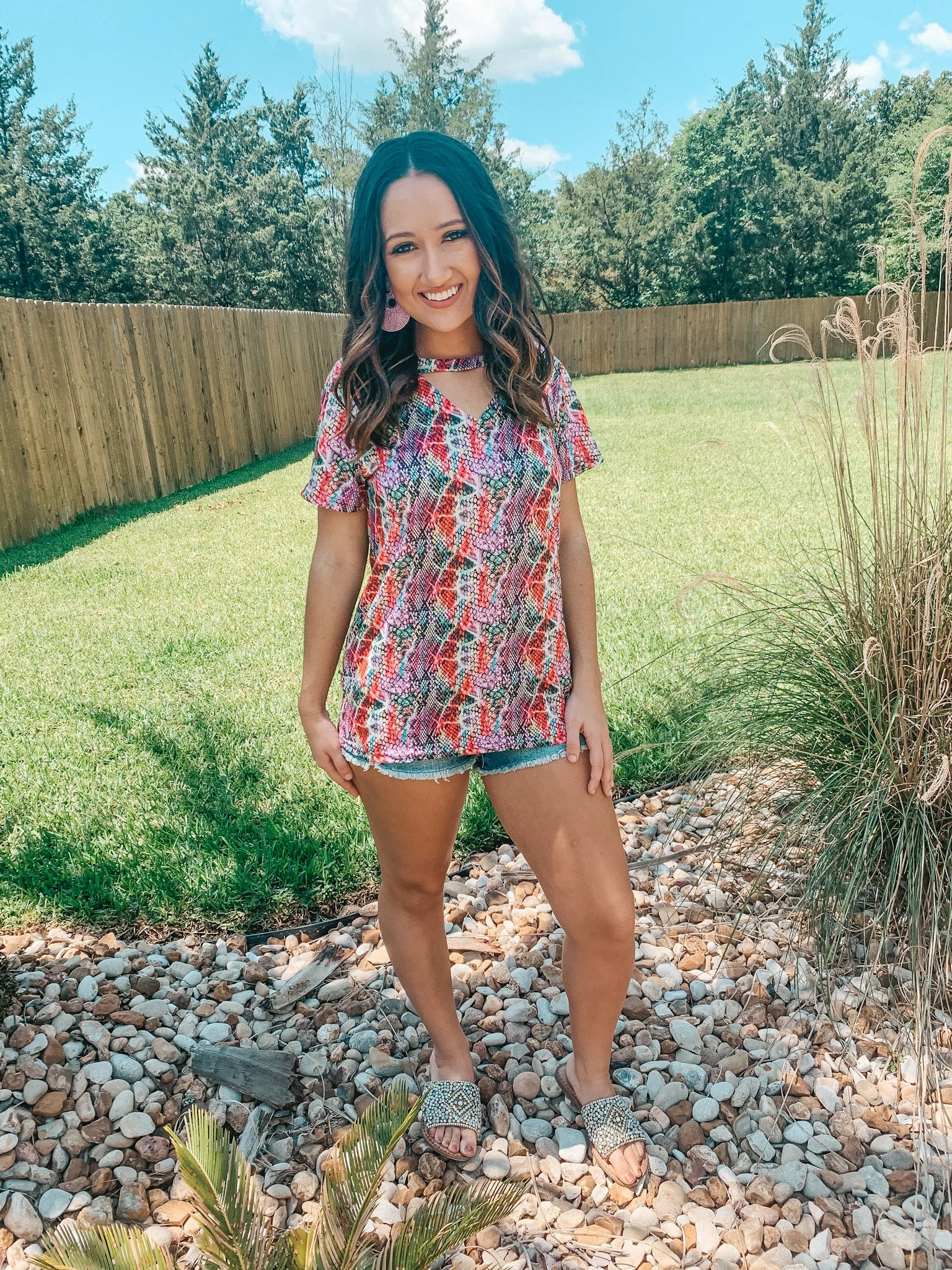 She's So Sneaky Snakeskin Top with Keyhole in Magenta Multi Busy Glow Multi-Purpose Wear