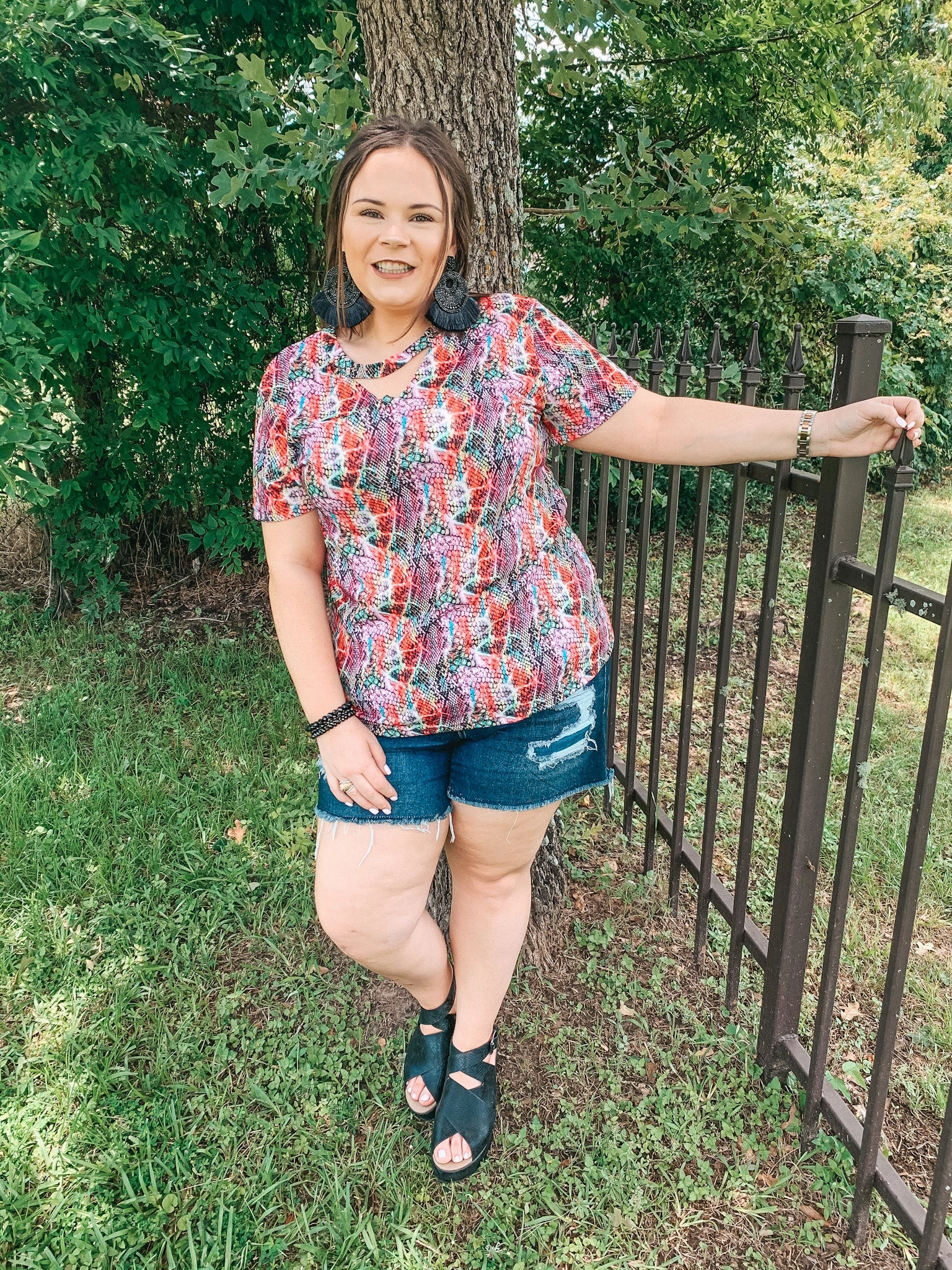 Trendy Top She's So Sneaky Snakeskin Top with Keyhole in Magenta Multi