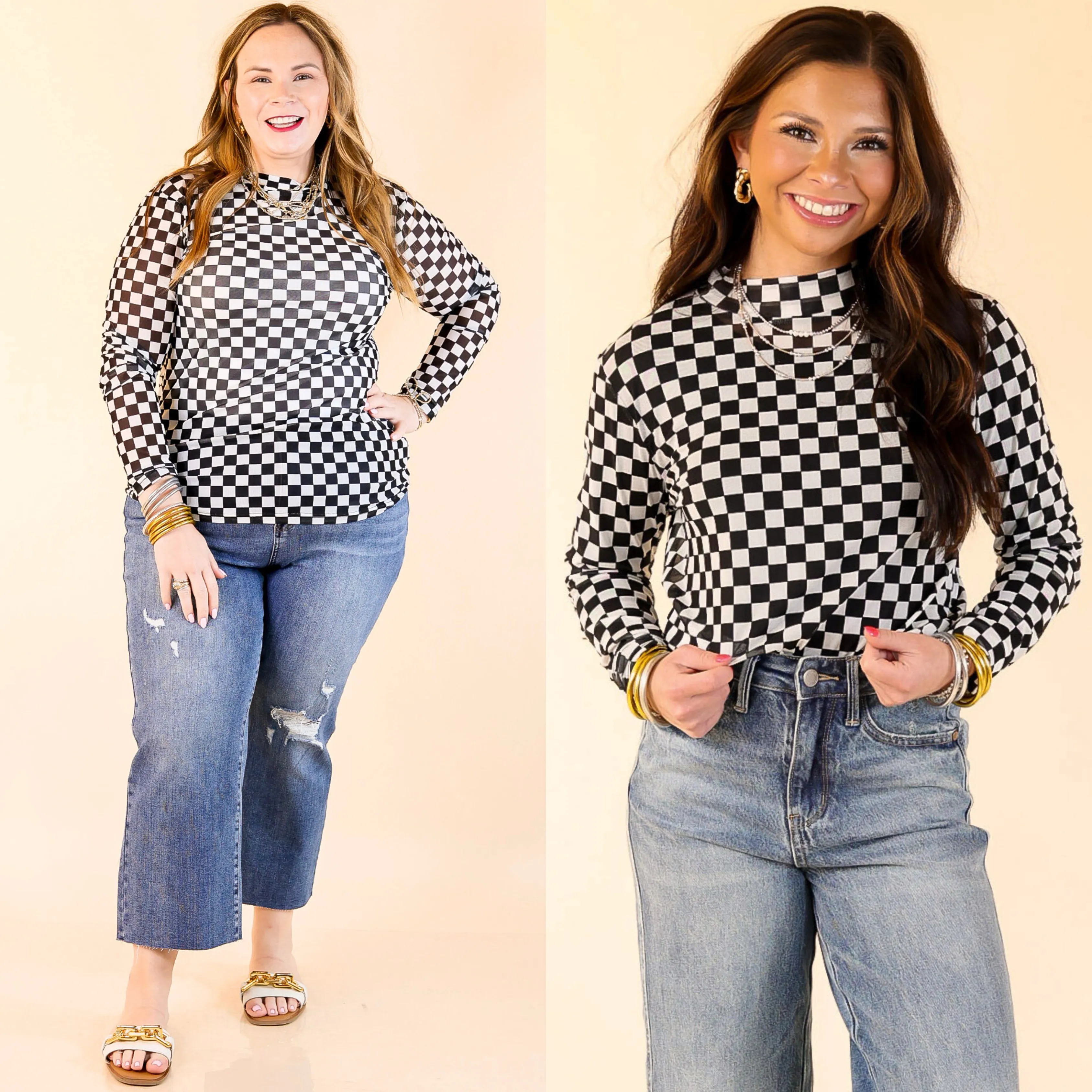 Sheer Confidence Checkered Print Mesh Long Sleeve Top in Black and White Hidden Ventilation Zones