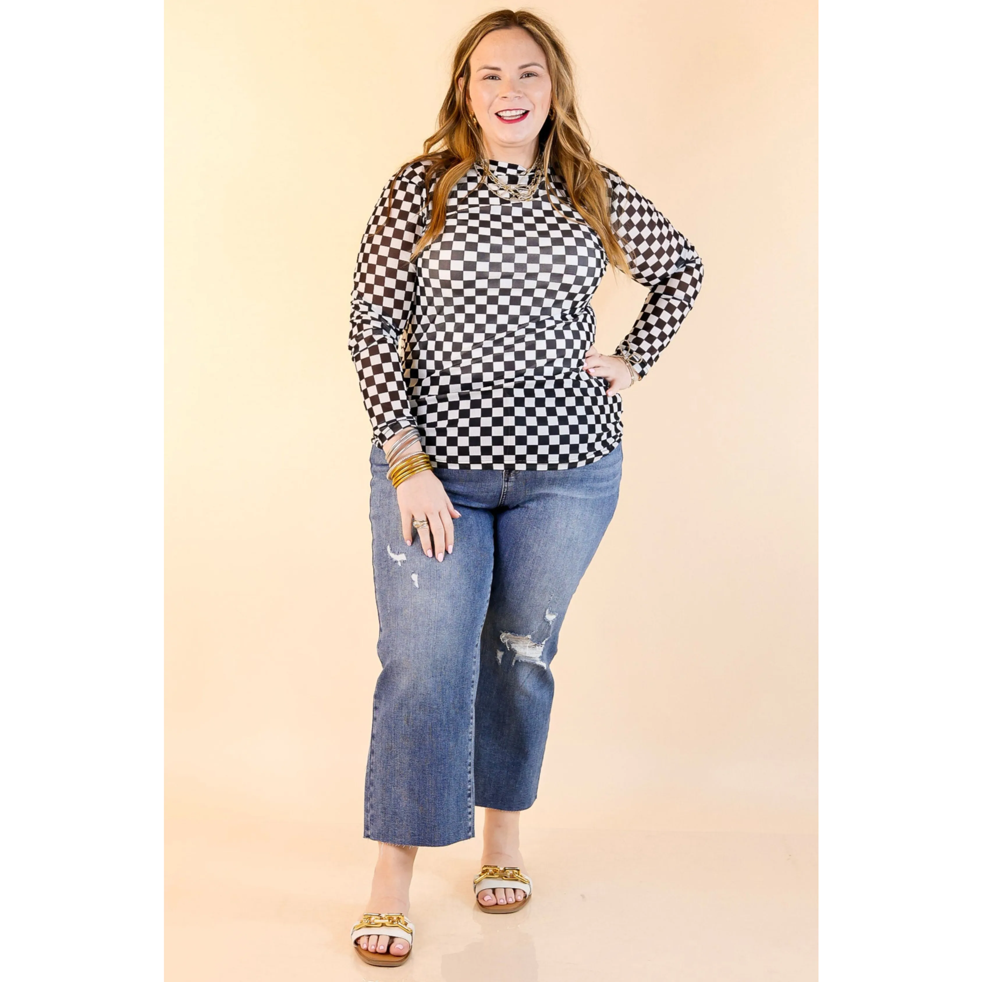 Non Restrictive Fit Sheer Confidence Checkered Print Mesh Long Sleeve Top in Black and White