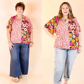 Double Time Abstract Print and Floral Print Top in Black and White Versatile Clothing Stretchable Cloth