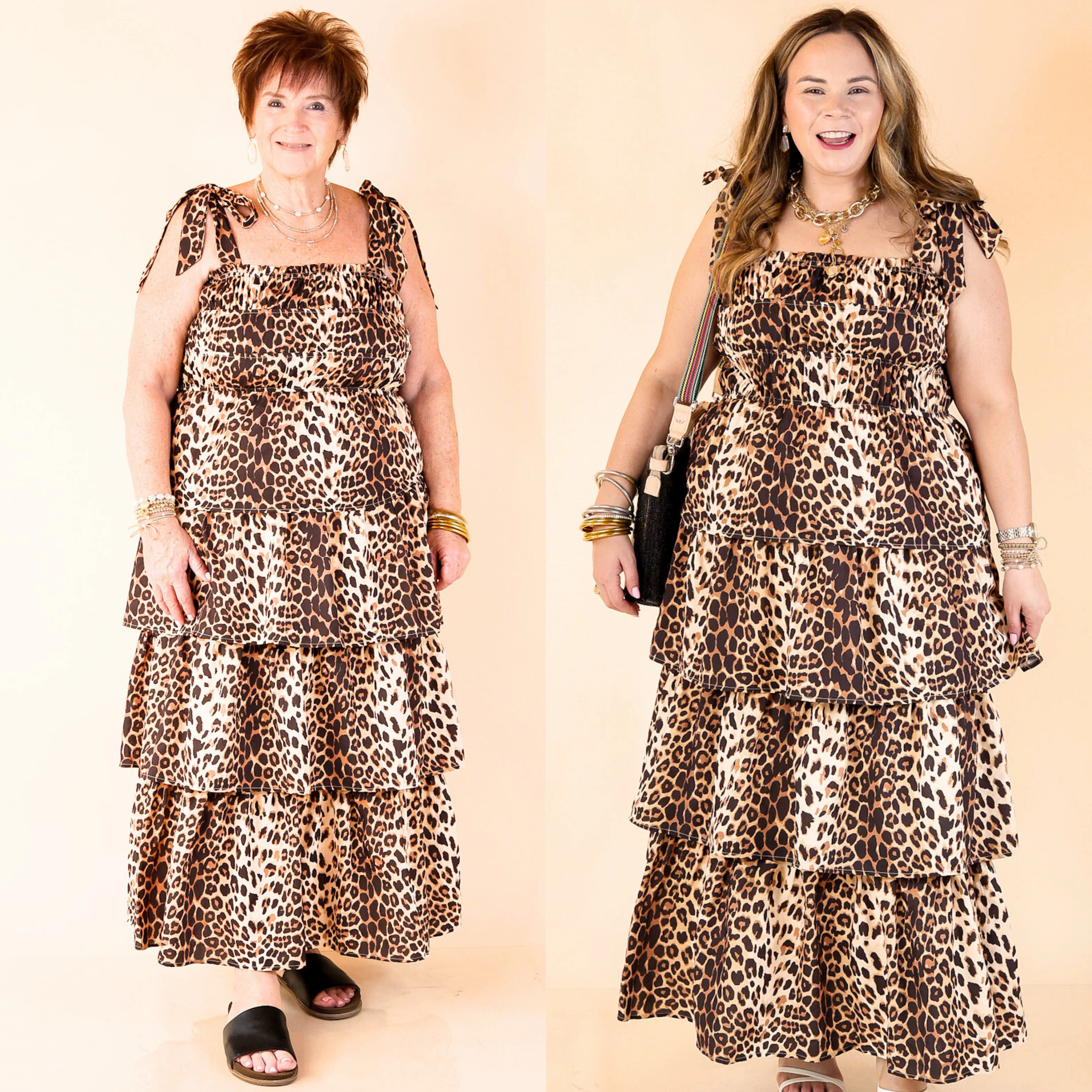 All the Attention Tiered Maxi Dress with Smocked Bodice in Leopard Print Dinner Outfit