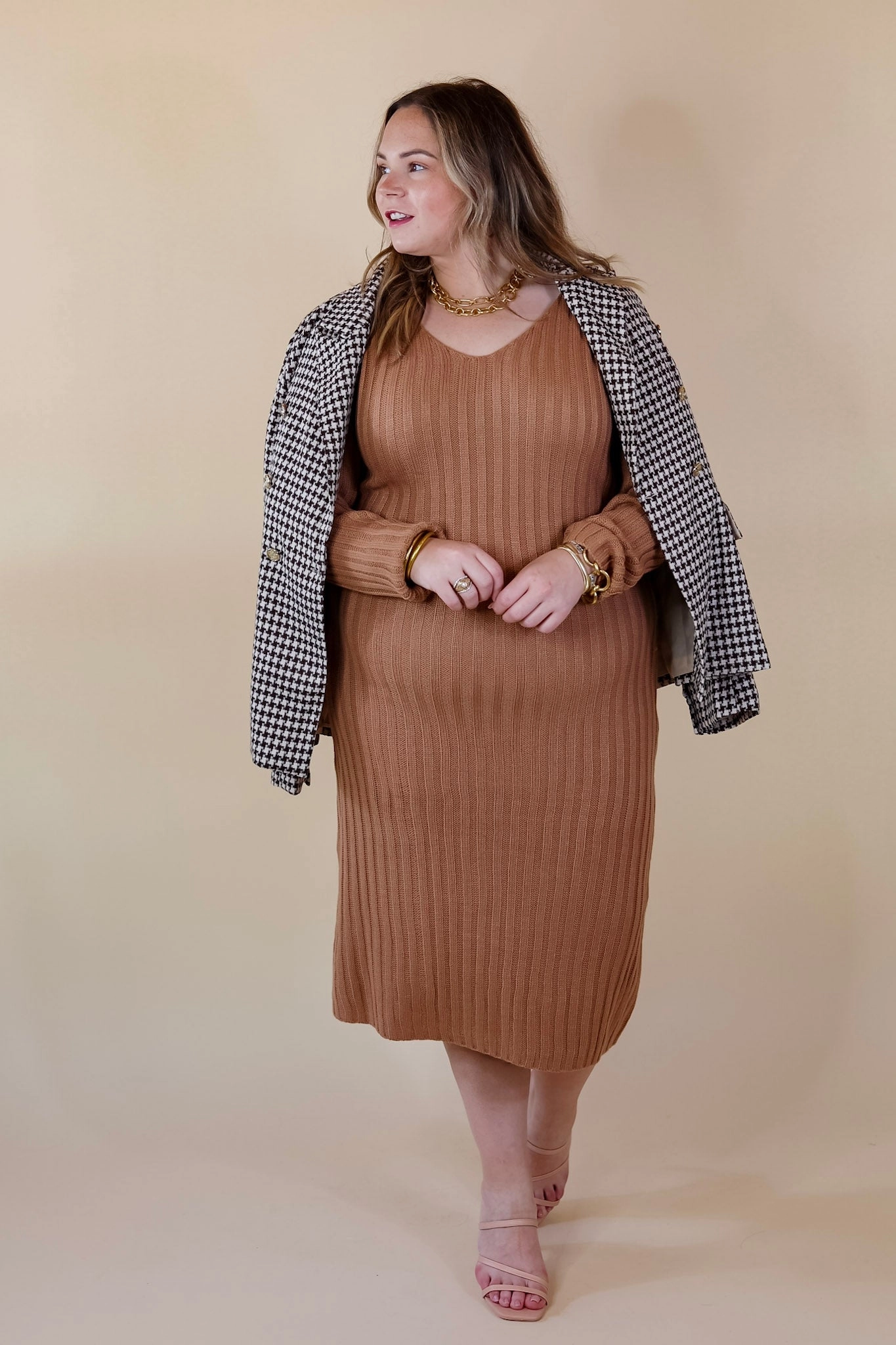 Shot Of Espresso Houndstooth Blazer with Gold Buttons in Brown Chic Jacket SoftTouch Texture