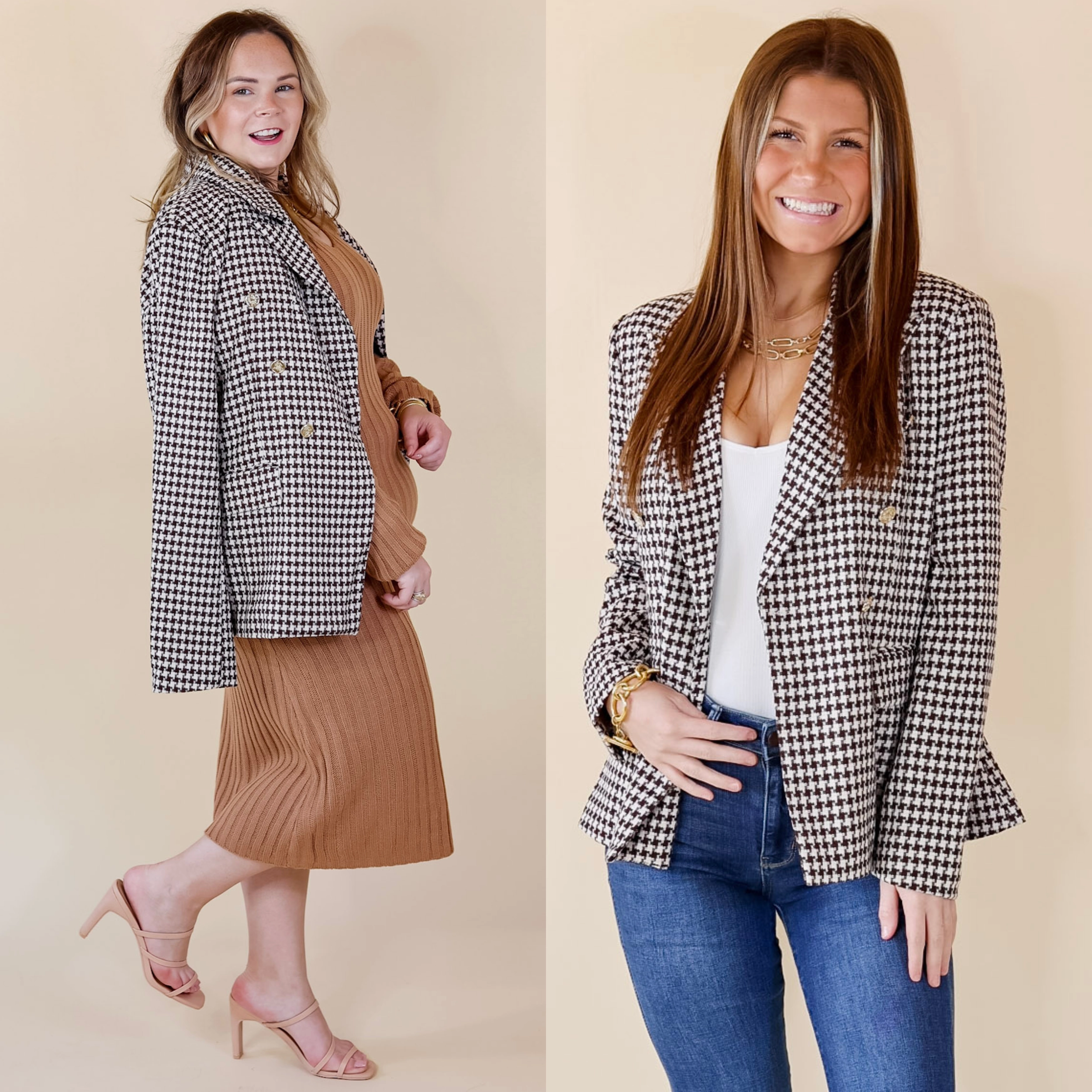 Shot Of Espresso Houndstooth Blazer with Gold Buttons in Brown MultiFunctional Pockets