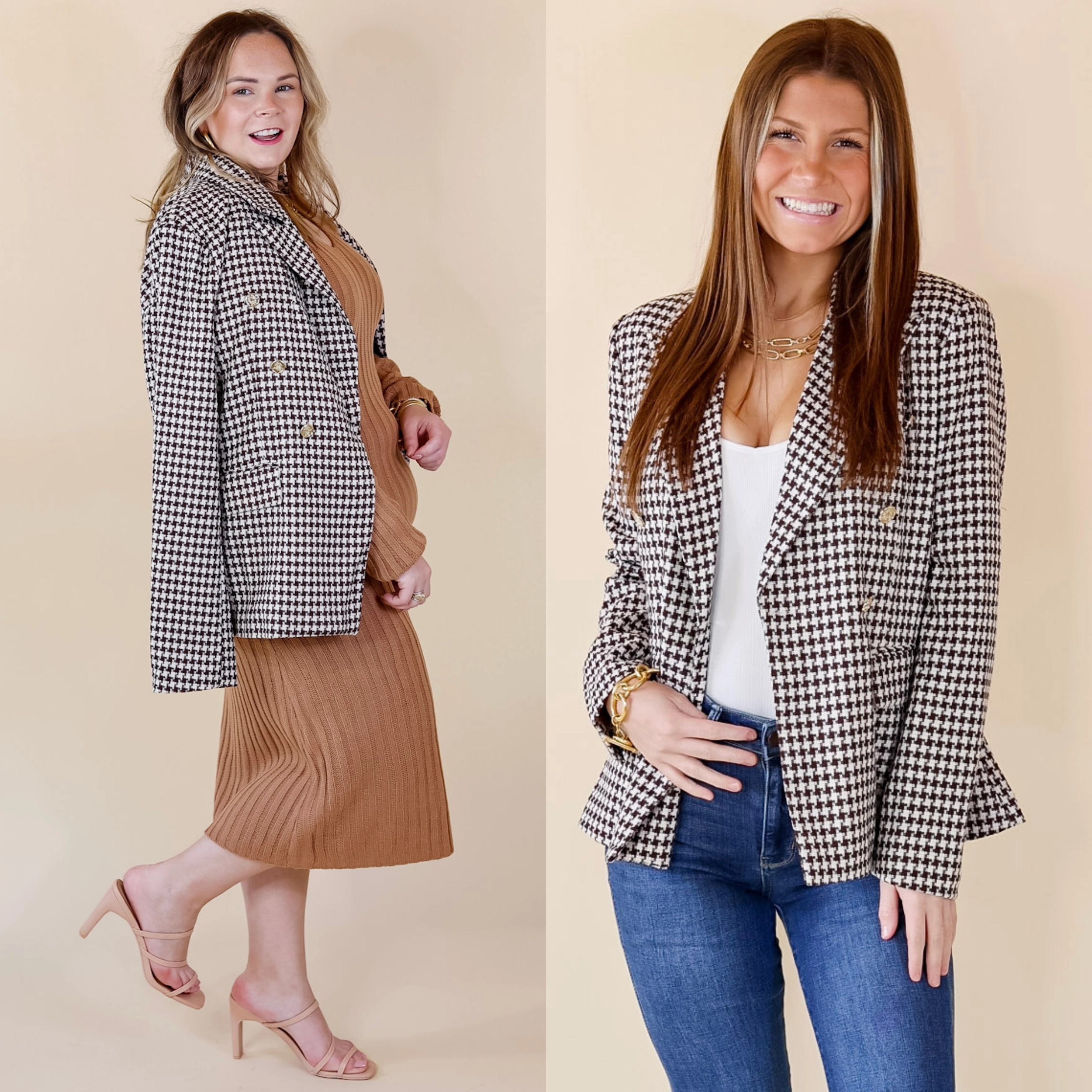 Preppy Vibe High-Quality Material Shot Of Espresso Houndstooth Blazer with Gold Buttons in Brown