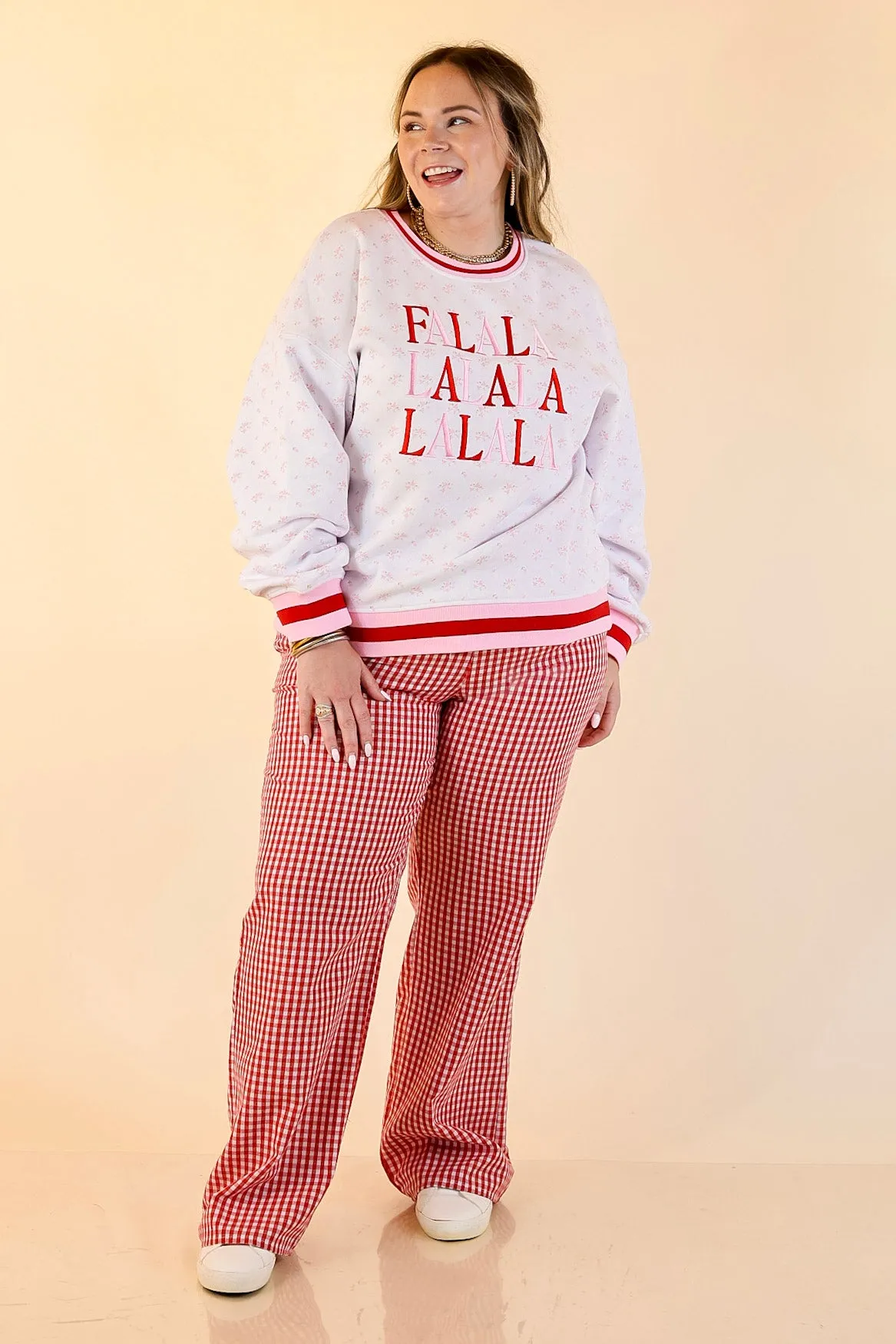 NoTagLabel RaglanSleeve Simply Southern | Holiday Cheer Club Fa La La Floral Varsity Sweatshirt in Ivory