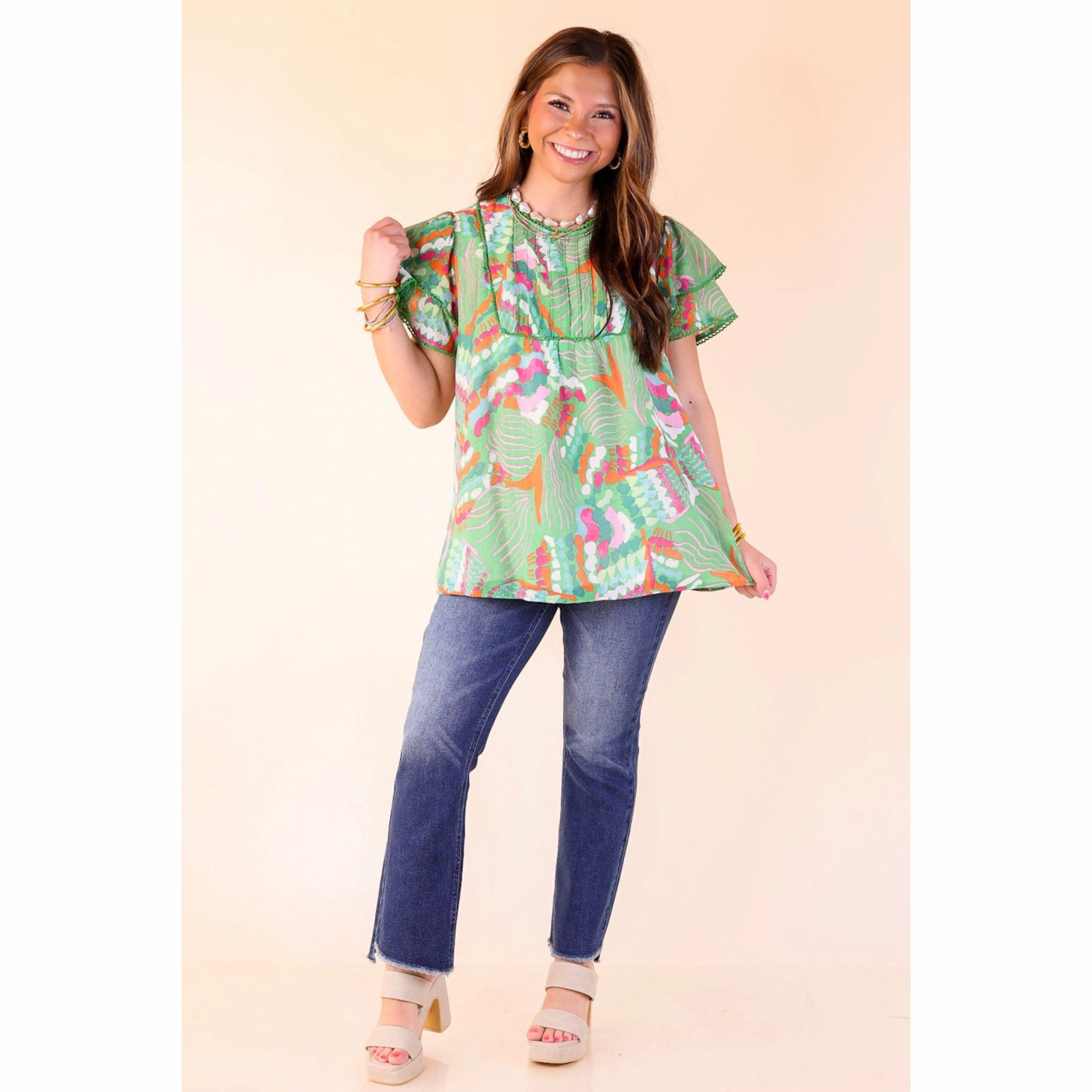 Lovely Dreams Abstract Print Blouse with Lace Detailing in Green Chill Fit