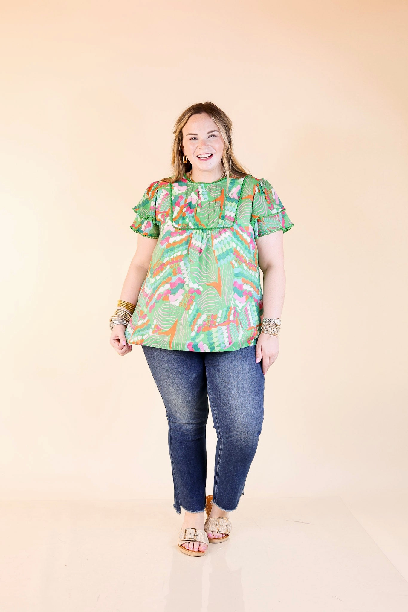 Lovely Dreams Abstract Print Blouse with Lace Detailing in Green Non Iron Fabric Advanced Moisture Management