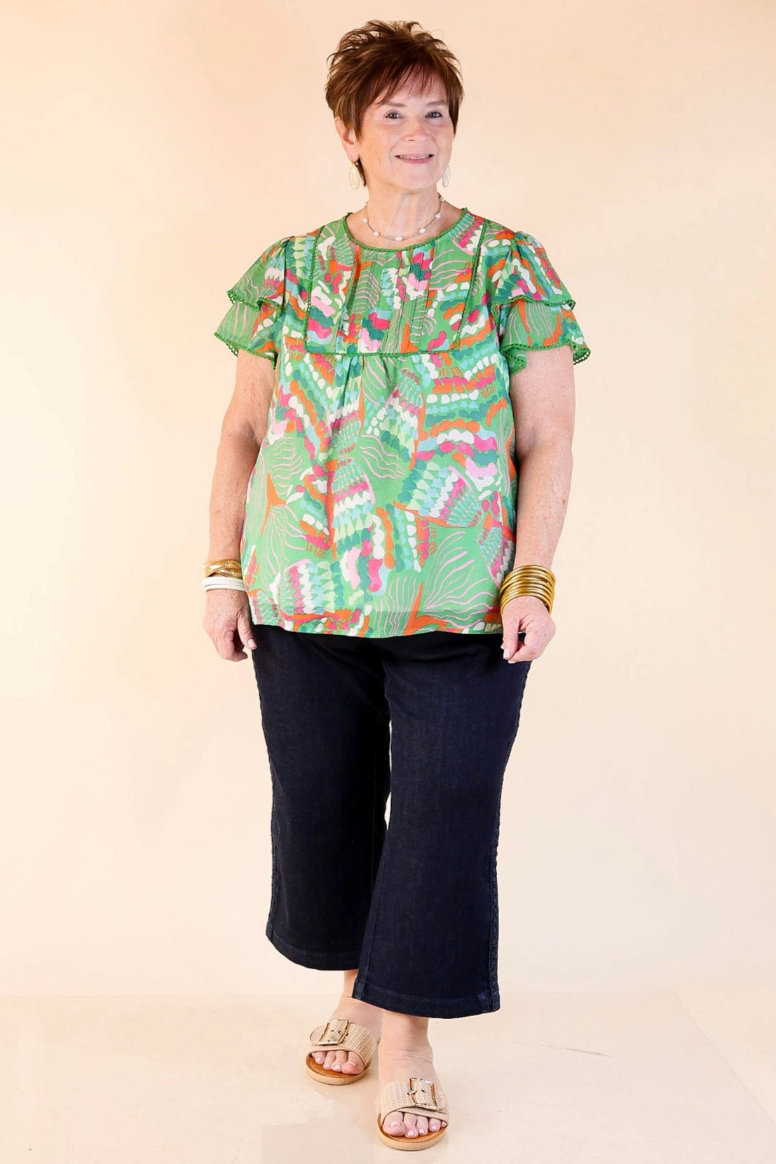 Athleisure Trend Lovely Dreams Abstract Print Blouse with Lace Detailing in Green