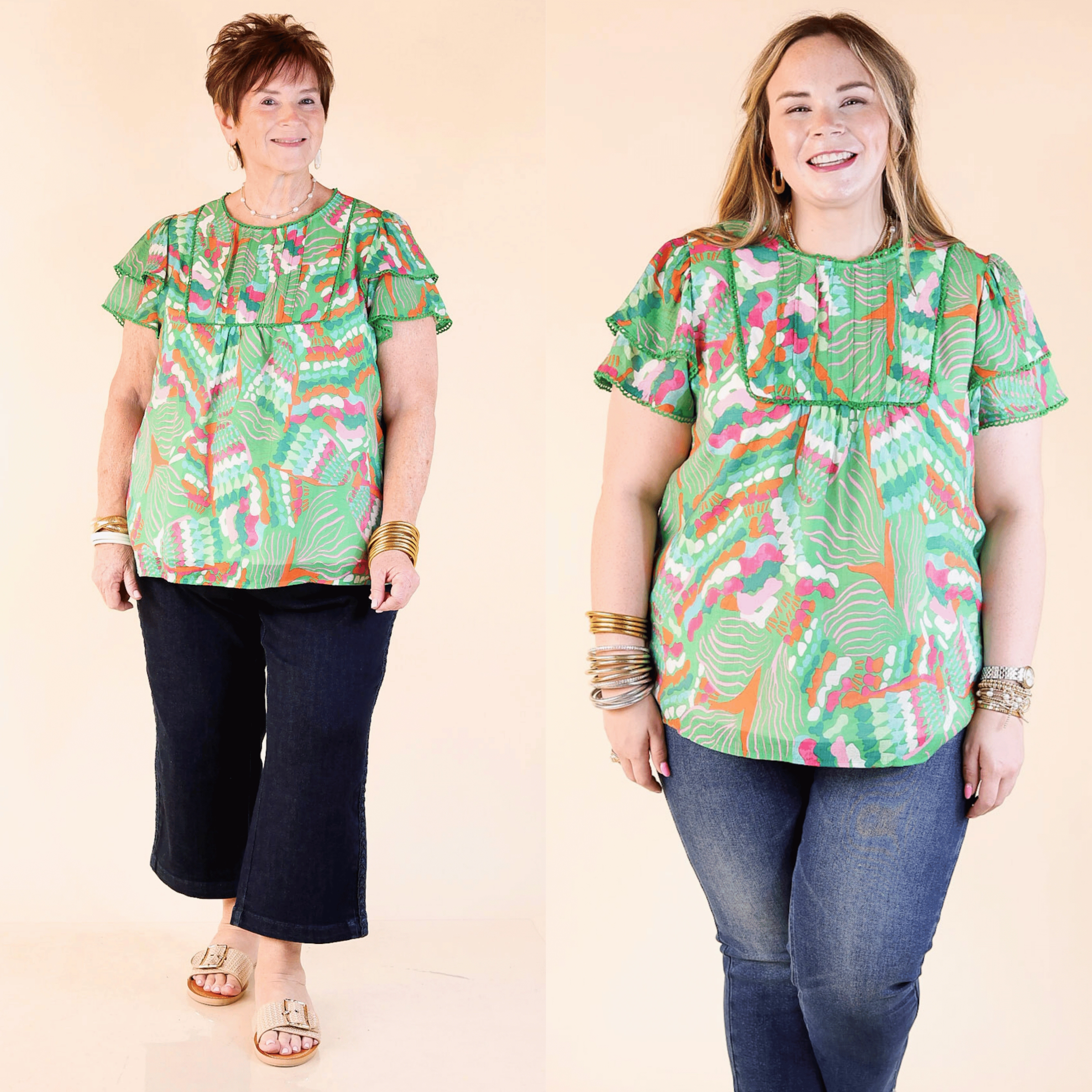 Lovely Dreams Abstract Print Blouse with Lace Detailing in Green Quick Dry Technology