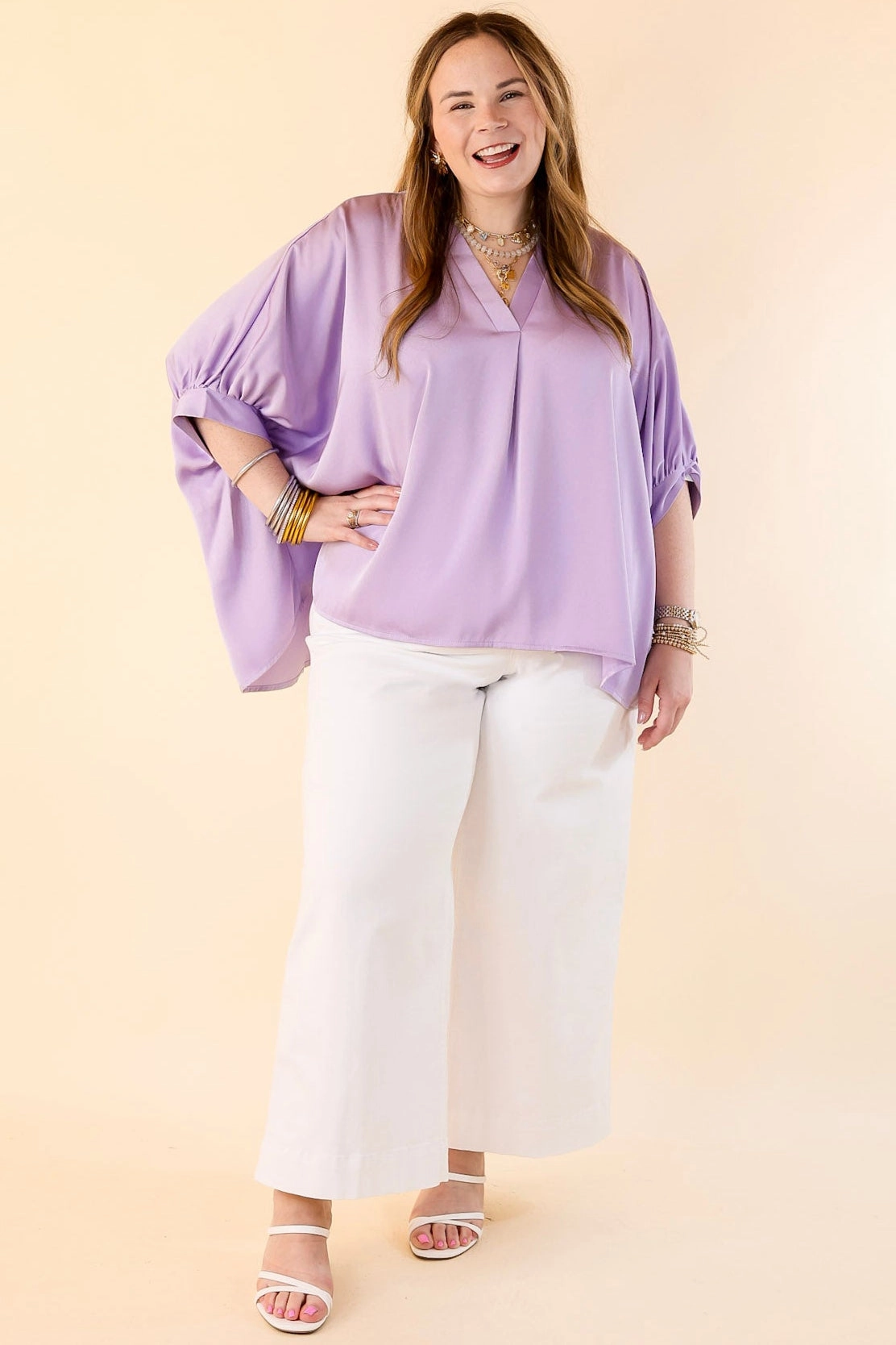 Irresistibly Chic Half Sleeve Oversized Blouse in Lilac Purple family gathering