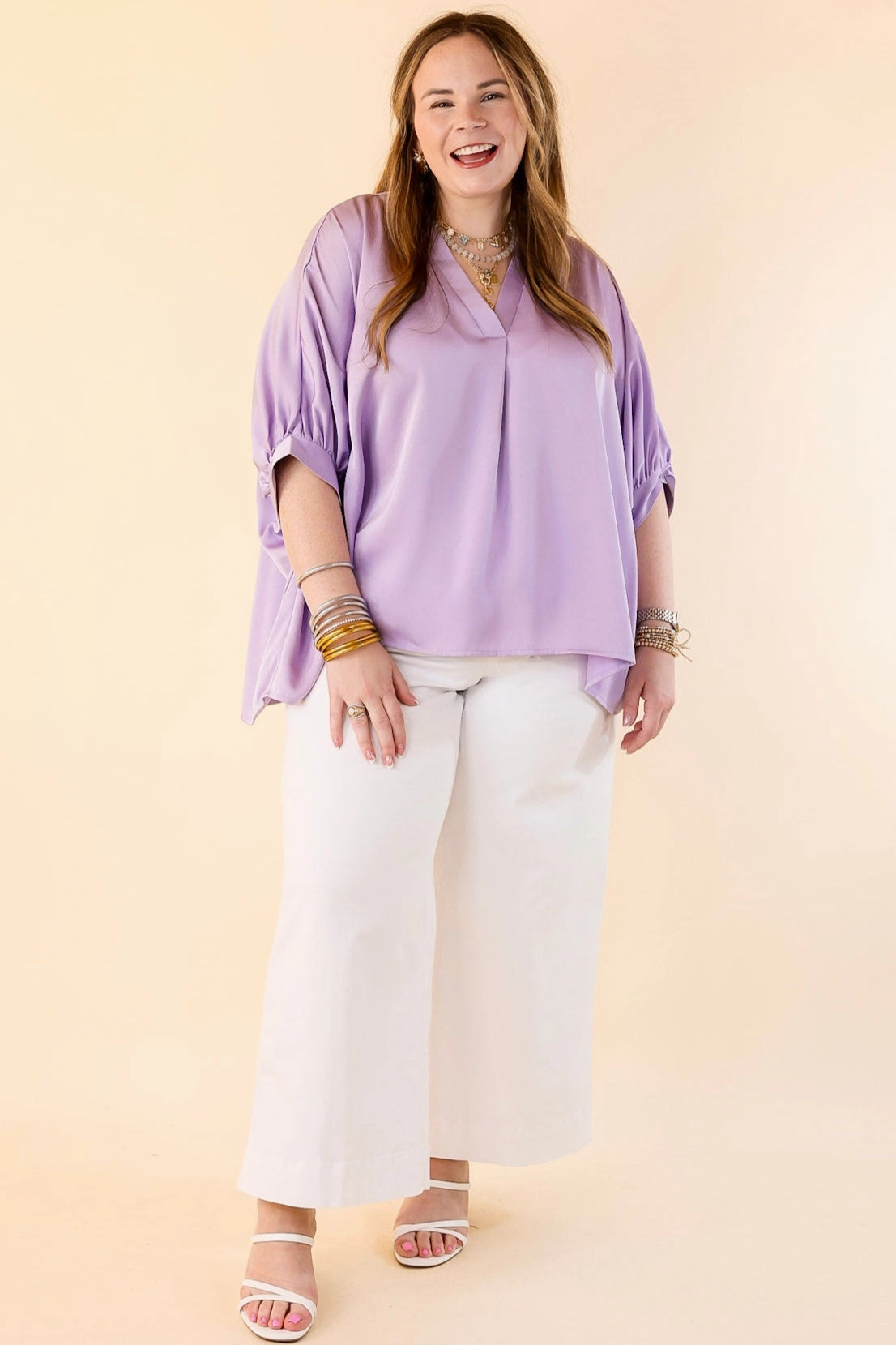 Fitted Silhouette Irresistibly Chic Half Sleeve Oversized Blouse in Lilac Purple