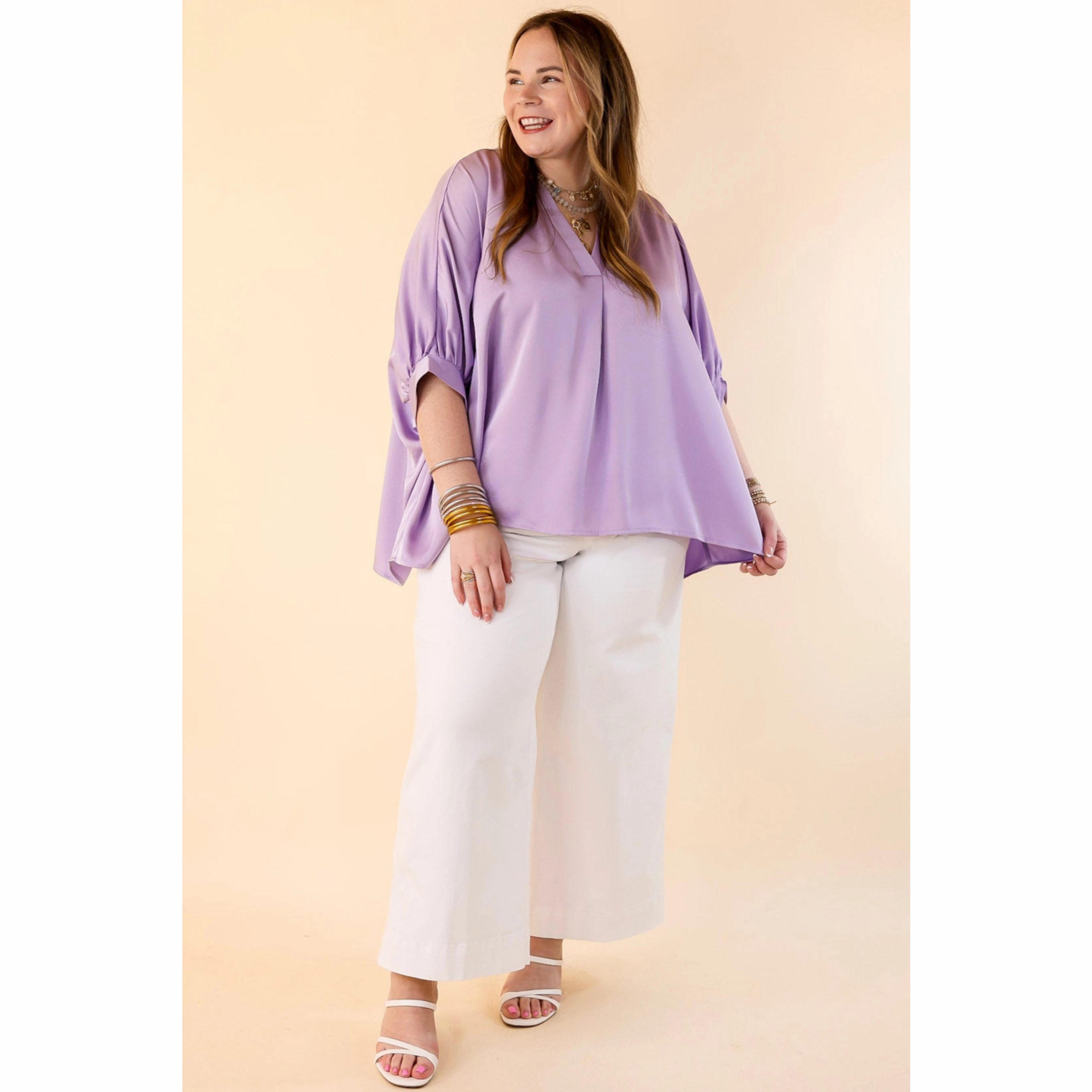 Irresistibly Chic Half Sleeve Oversized Blouse in Lilac Purple Low Profile Pocket Design