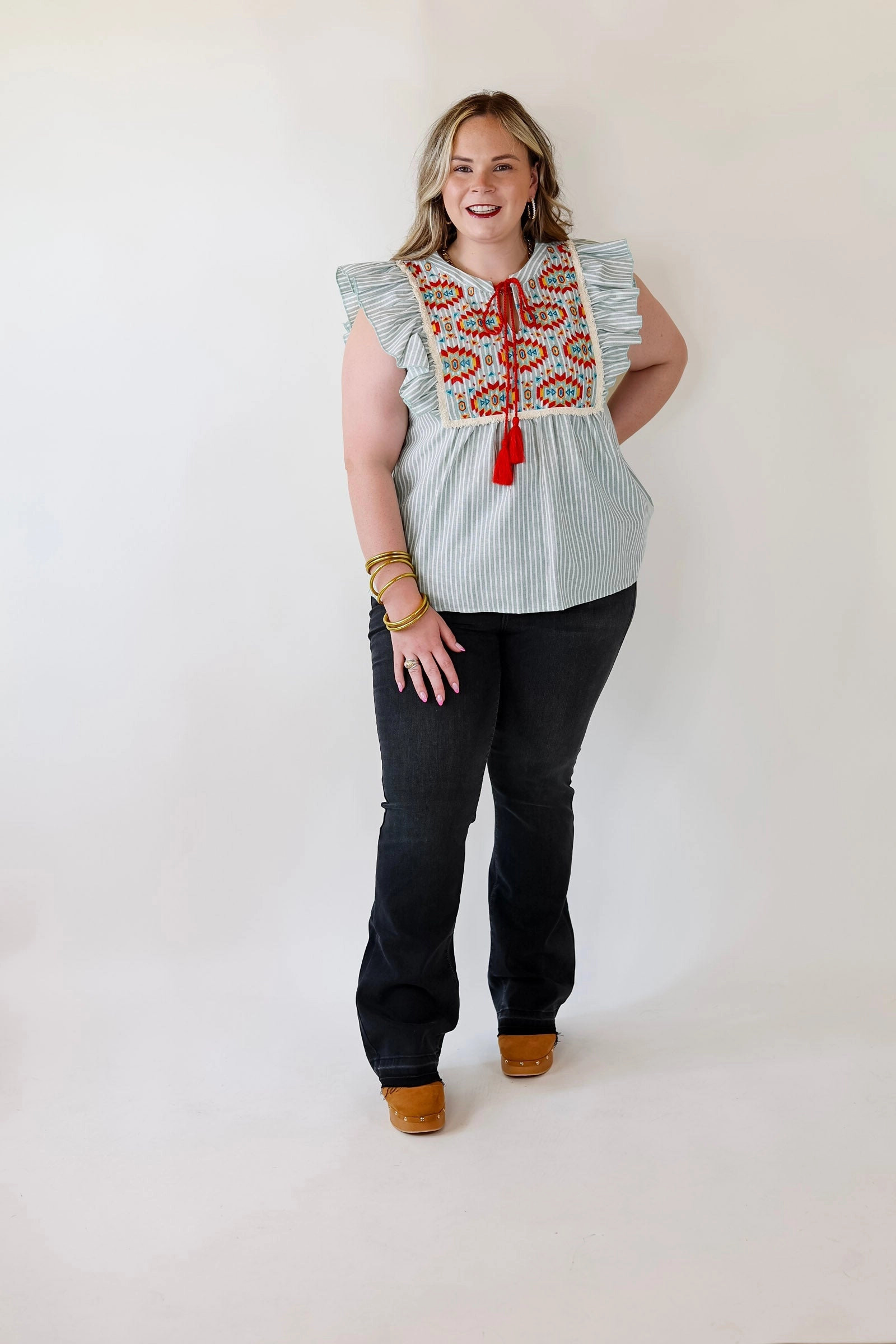 StretchFree winter clothing Fall Sun PinStripe Top with Aztec Print Embroidery in Sage Green