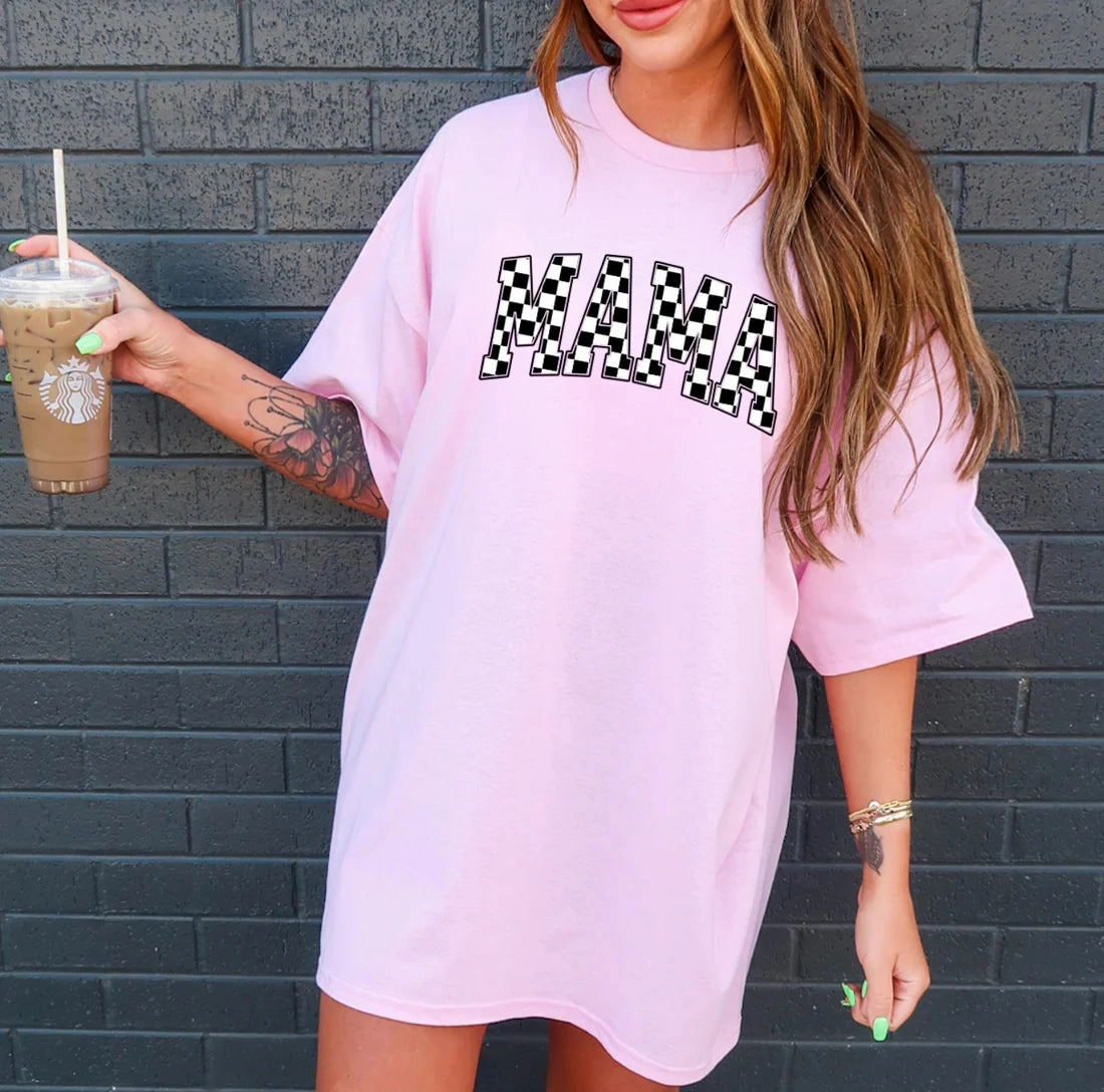 Sophisticated Casual Relaxed Fit Online Exclusive | Checkered Black and White MAMA Graphic Tee in Baby Pink