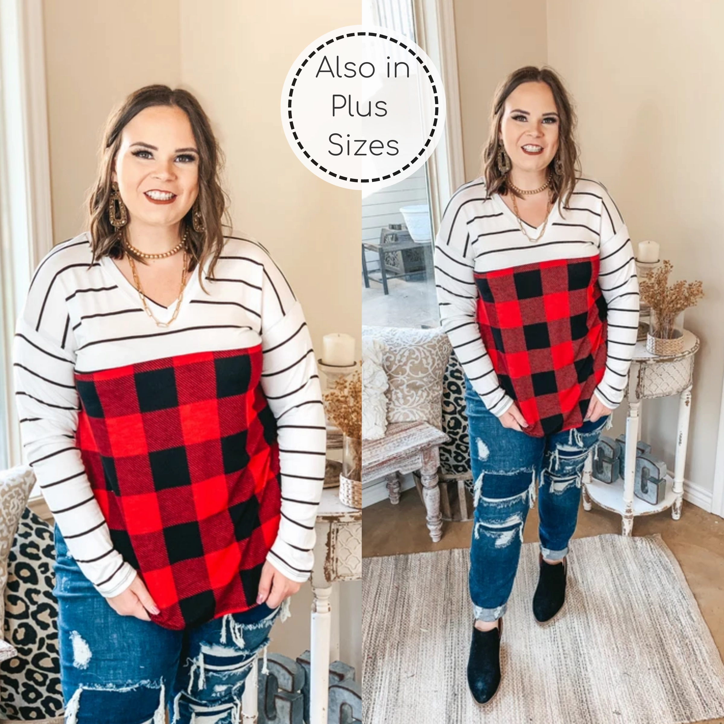 Sights of the Season Long Sleeve V Neck Top with Striped Upper and Buffalo Plaid Body Soft Sweater