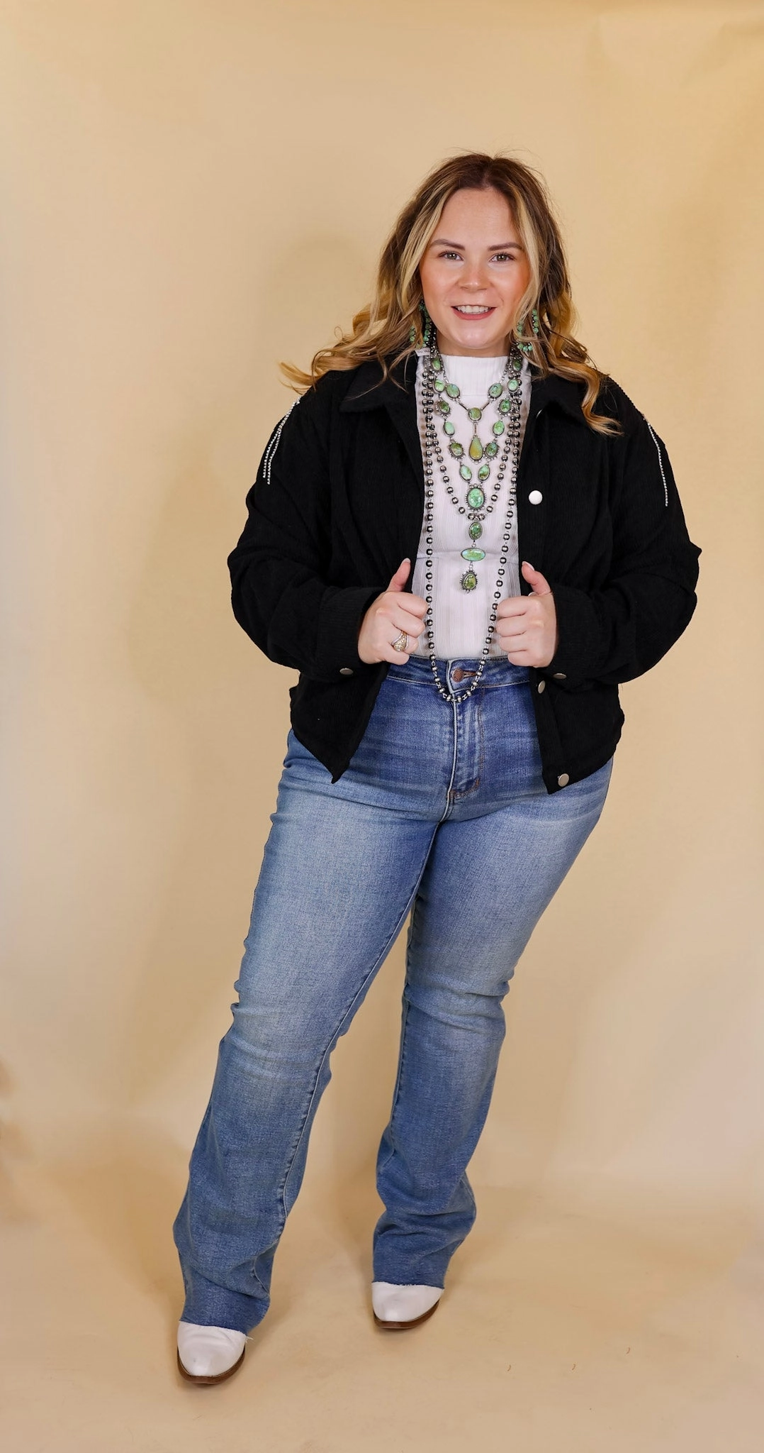 Signature Moves Button Up Corduroy Jacket with Crystal Fringe Back in Black fashionable blazer