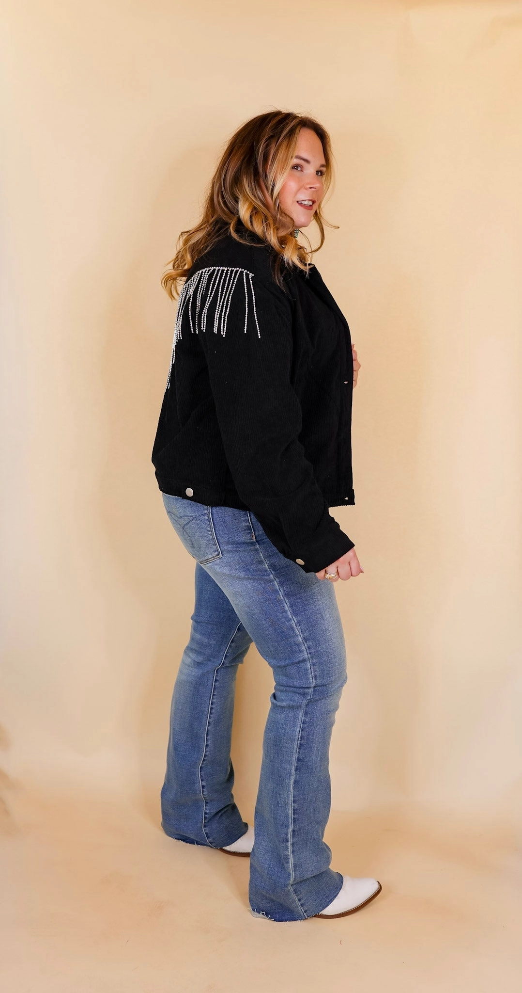 Spark Glow Vintage Soul Signature Moves Button Up Corduroy Jacket with Crystal Fringe Back in Black