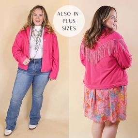 Signature Moves Button Up Corduroy Jacket with Crystal Fringe Back in Hot Pink MultiDirectionalFlex