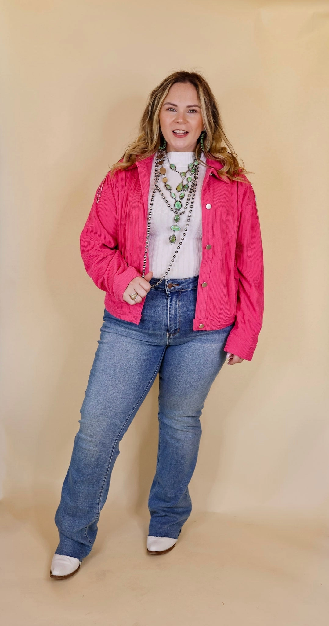 Signature Moves Button Up Corduroy Jacket with Crystal Fringe Back in Hot Pink Fashion Accessory NoIrritationSeams