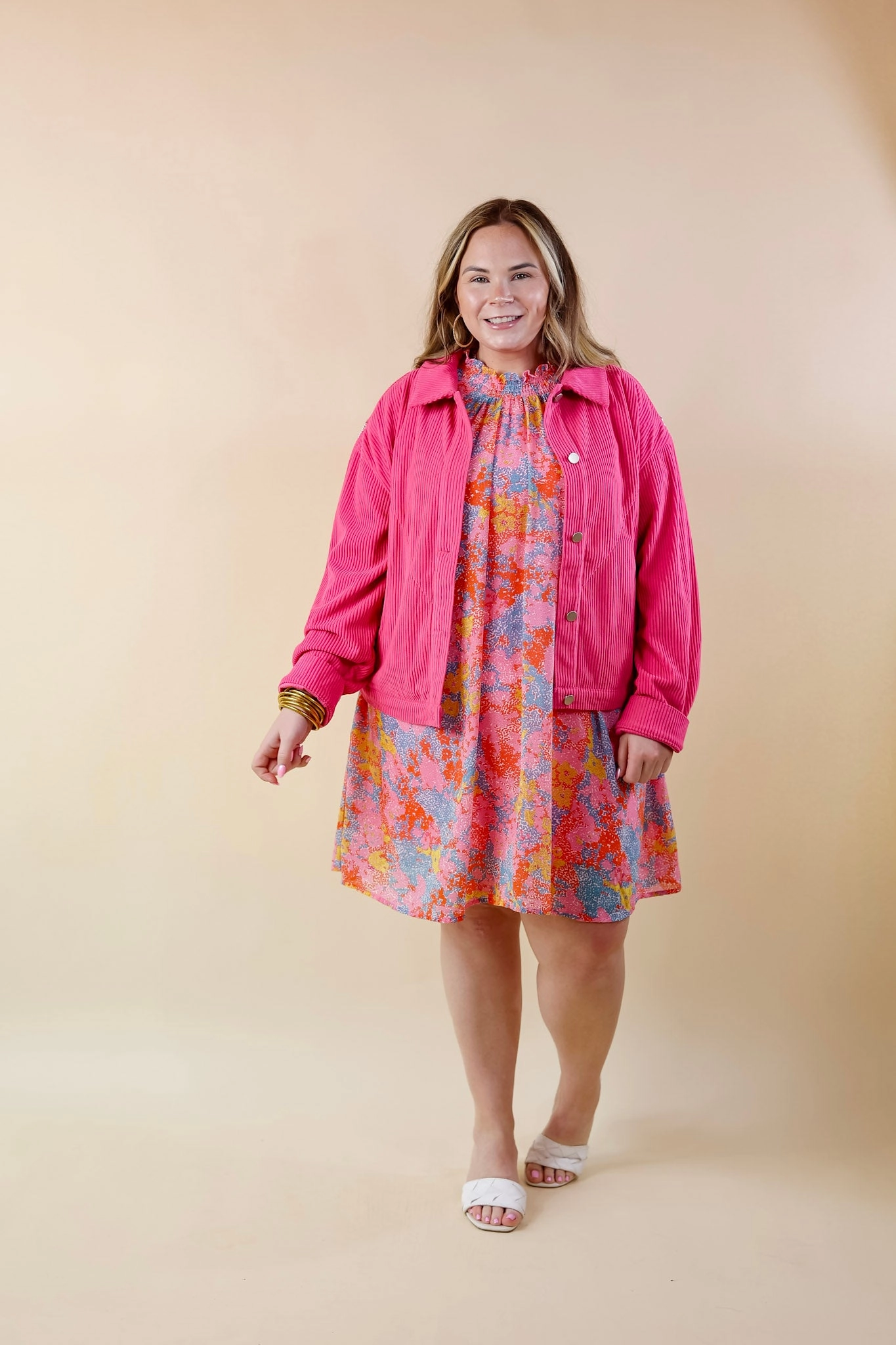 Signature Moves Button Up Corduroy Jacket with Crystal Fringe Back in Hot Pink Wrinklefree