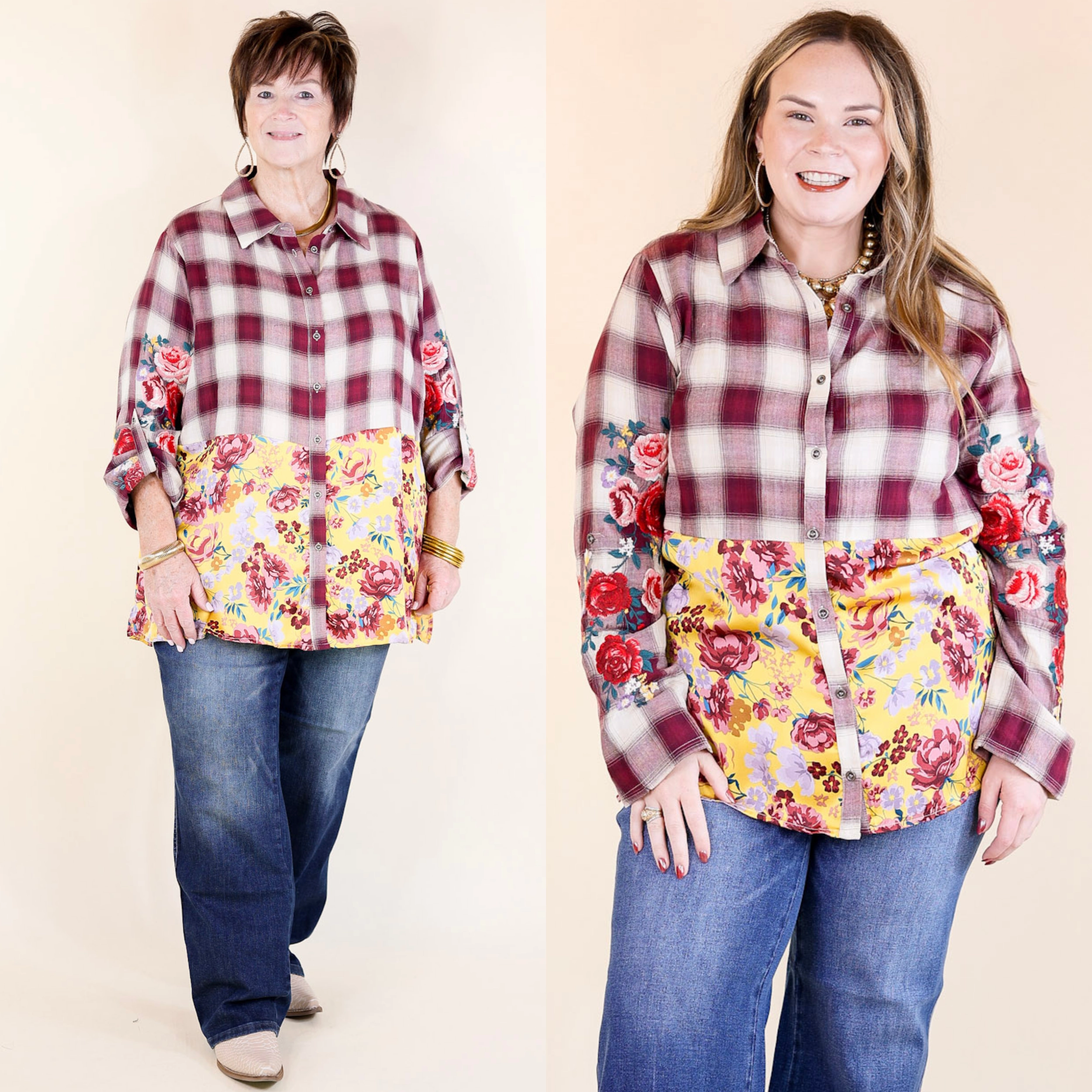 Subtle Details Crisp Air Charm Plaid and Floral Print Long Sleeve Top with Embroidery in Maroon and Mustard Yellow