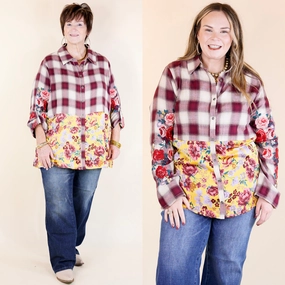 Subtle Details Crisp Air Charm Plaid and Floral Print Long Sleeve Top with Embroidery in Maroon and Mustard Yellow