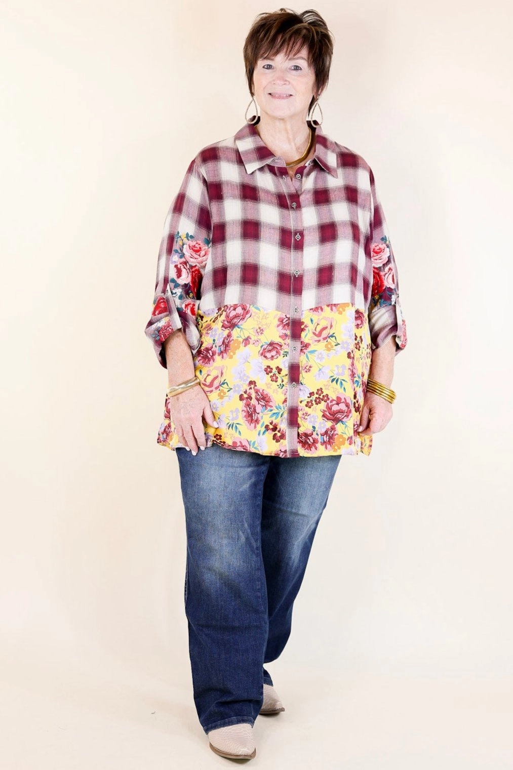 Layered Hemline Crisp Air Charm Plaid and Floral Print Long Sleeve Top with Embroidery in Maroon and Mustard Yellow