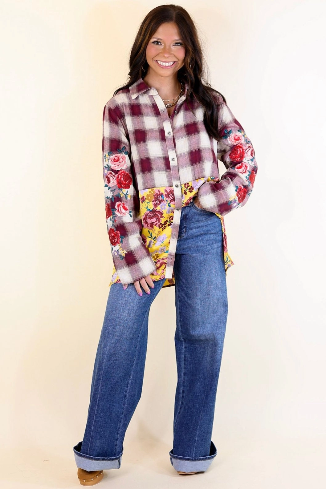 Glossy Texture Crisp Air Charm Plaid and Floral Print Long Sleeve Top with Embroidery in Maroon and Mustard Yellow