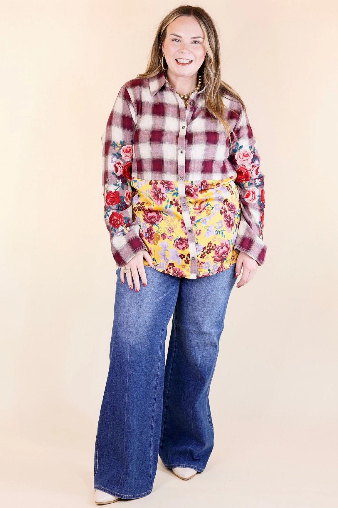 Crisp Air Charm Plaid and Floral Print Long Sleeve Top with Embroidery in Maroon and Mustard Yellow Casual Elegance Seasonal Comfort