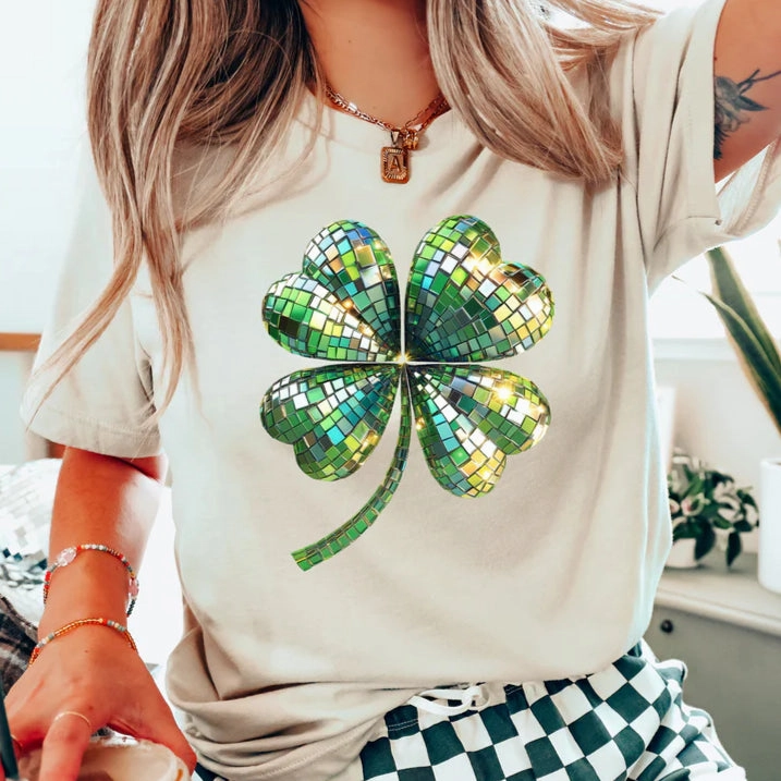 safe for skin Perfect for Layering Online Exclusive | Shamrock Shimmer Disco Clover Graphic Tee in Cream