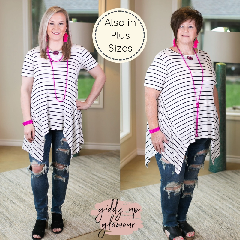 Rain Proof Simplified Style Striped Handkerchief Tunic Top in Ivory