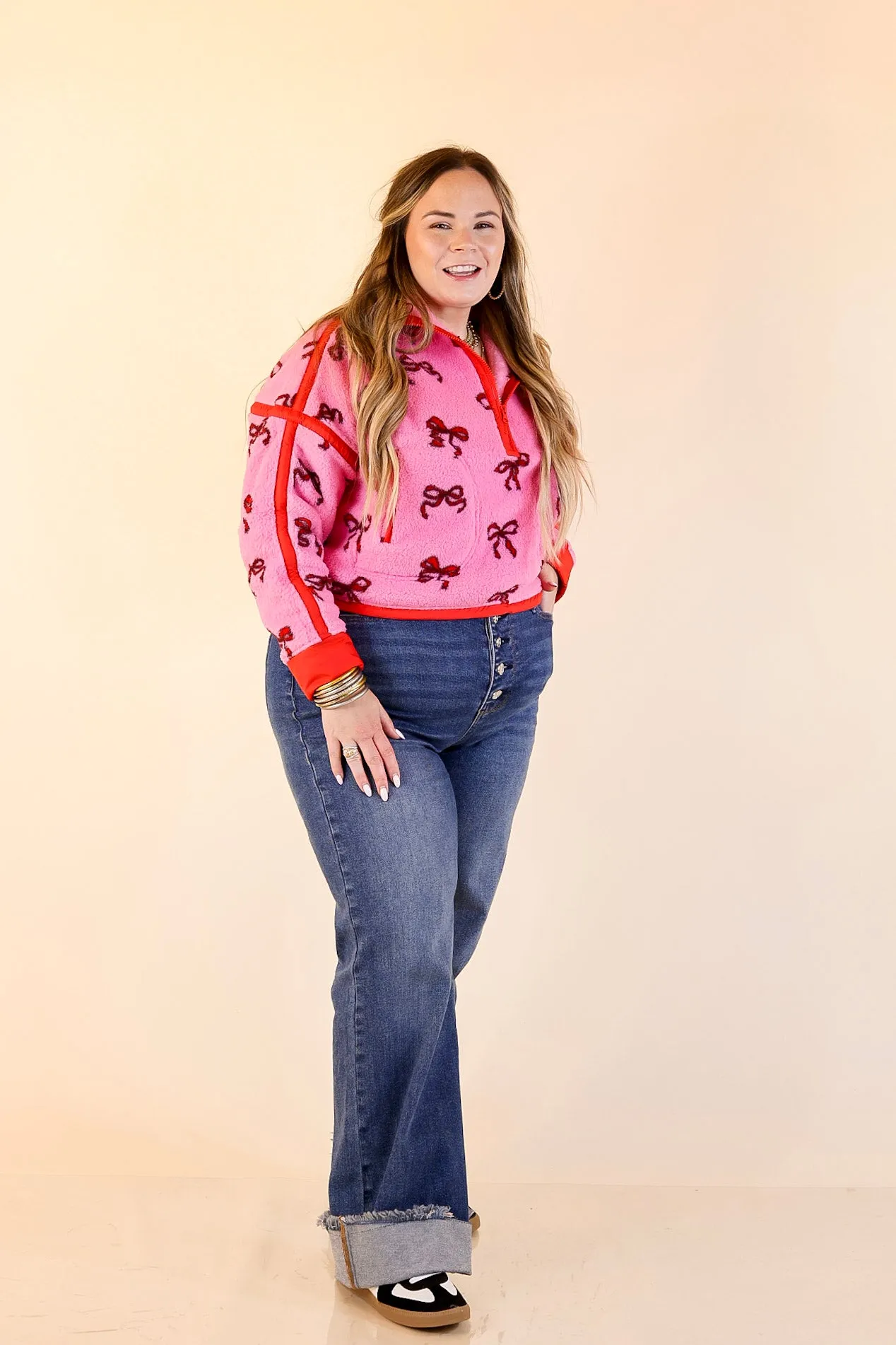 Simply Southern | Cozy Intentions Fleece Half Zip Pullover Jacket in Pink with Red Bows Formal Tank LowProfileDesign