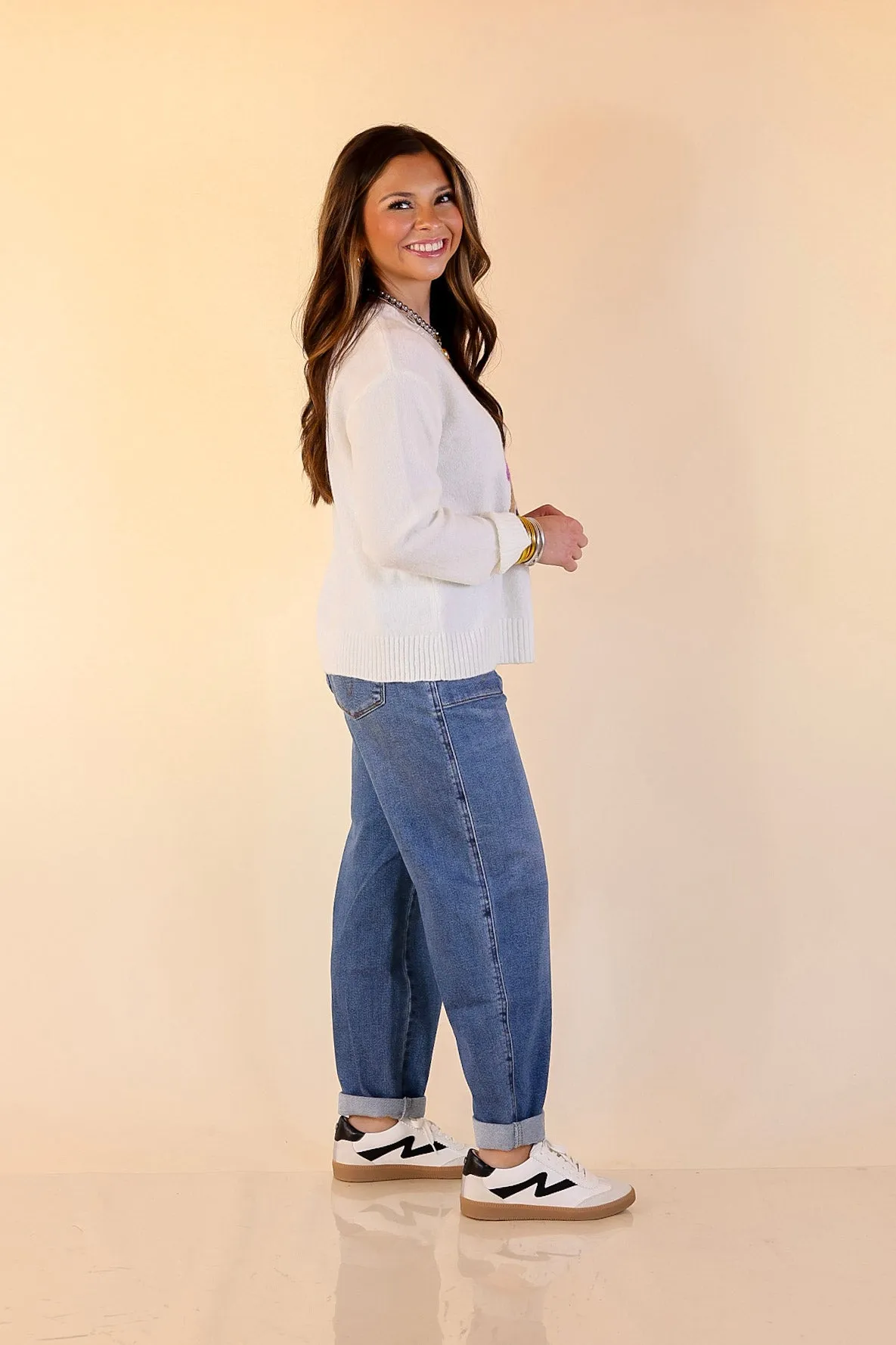 RubberizedGrip Simply Southern | Finest Touch Crewneck Sweater with Bow Teddy Bear Graphic in Cream