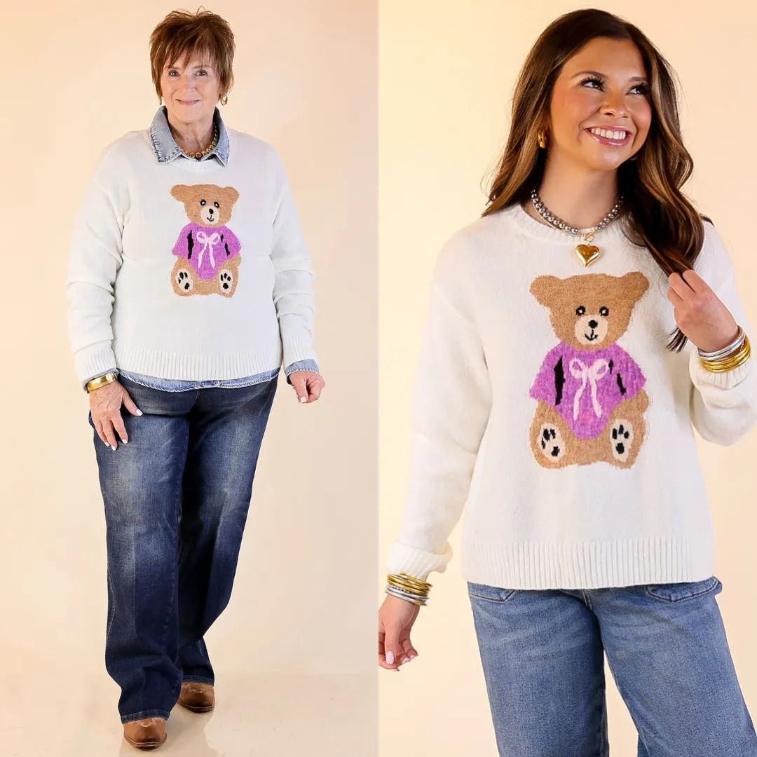 Simply Southern | Finest Touch Crewneck Sweater with Bow Teddy Bear Graphic in Cream Hydrophobic Surface Treatment DoubleStitched Hemming