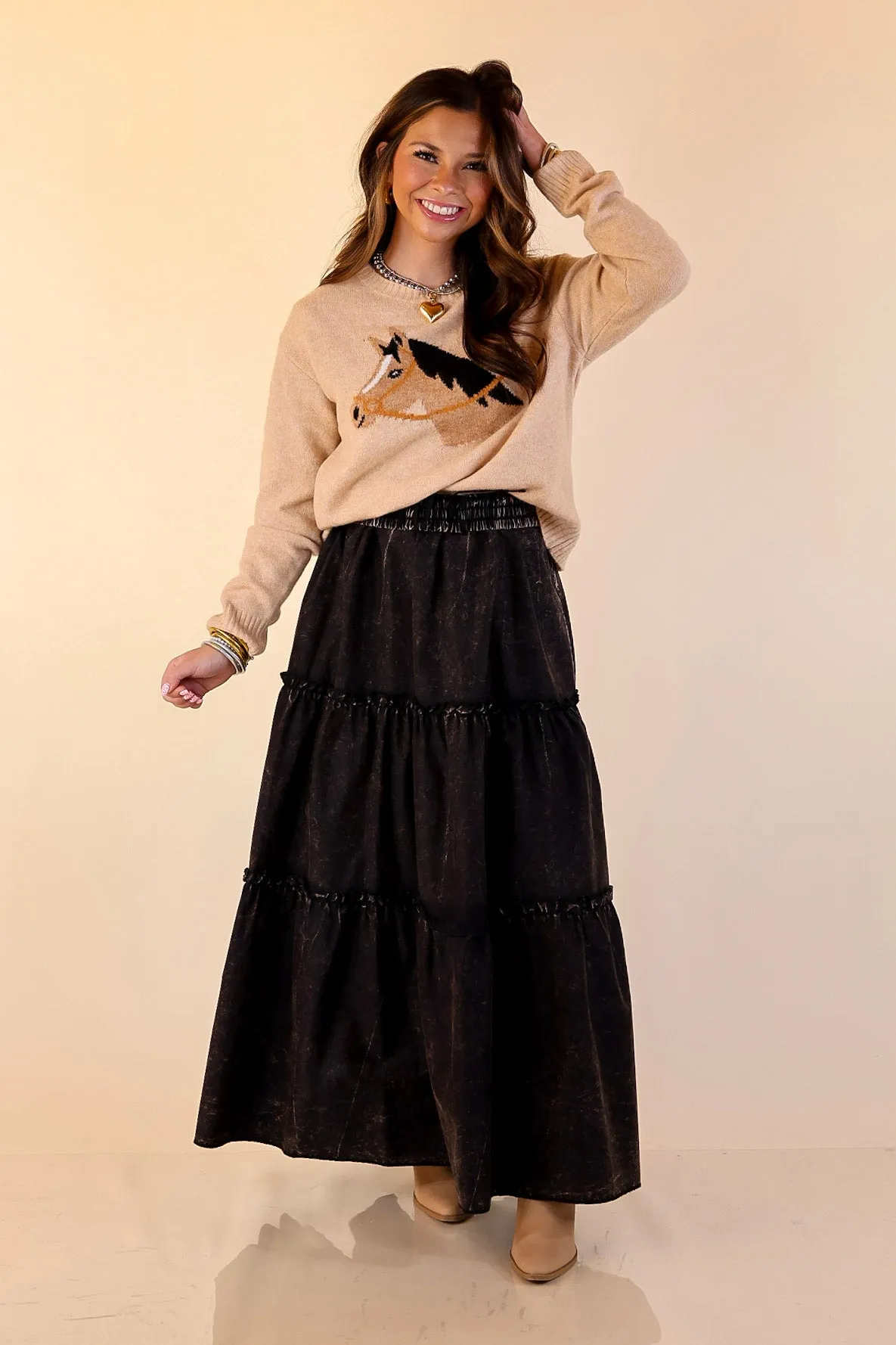 High Collar Protection Design Hypoallergenic Lining Simply Southern | Finest Touch Crewneck Sweater with Horse in Brown