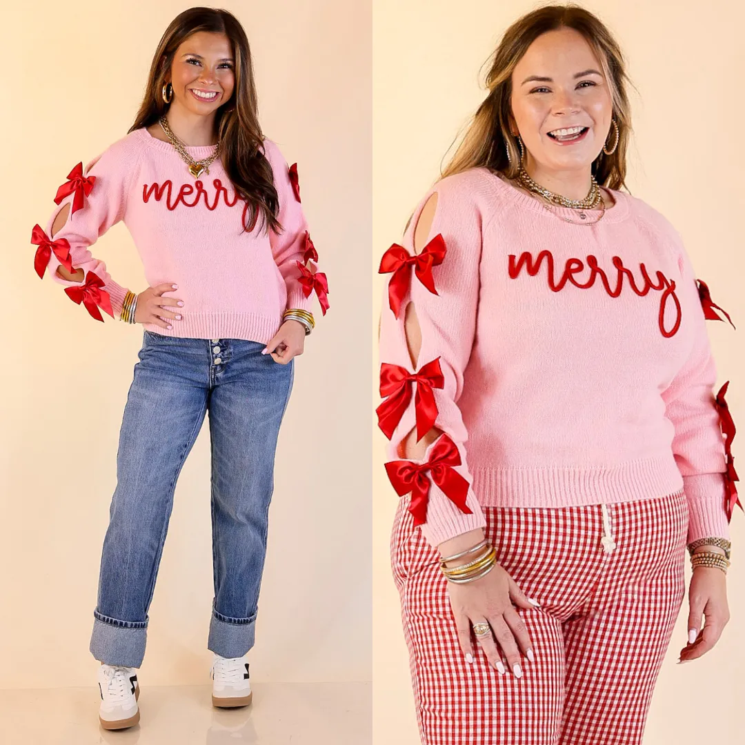 Simply Southern | Merry Moment Textured Knit Sweater with Red Bows in Pink ButtonFront