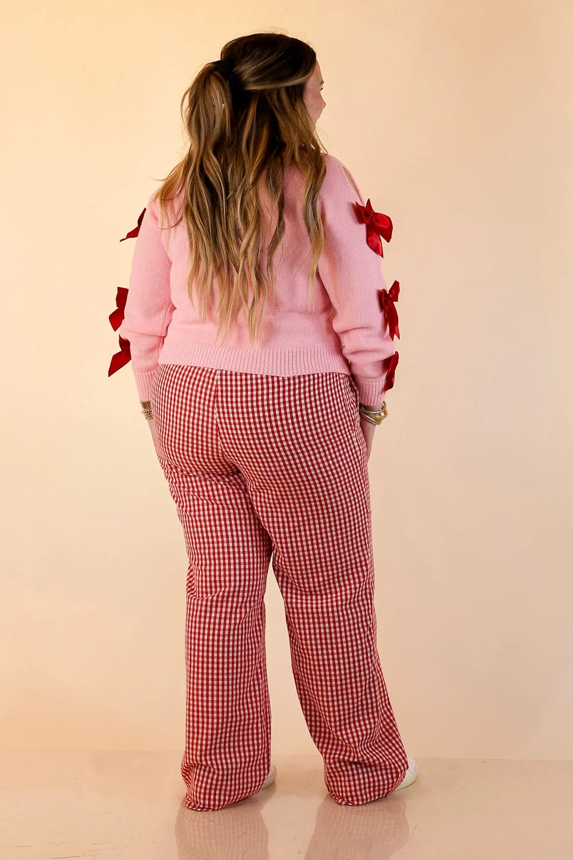 Simply Southern | Merry Moment Textured Knit Sweater with Red Bows in Pink Hidden Storage Pocket Thermal Regulation System