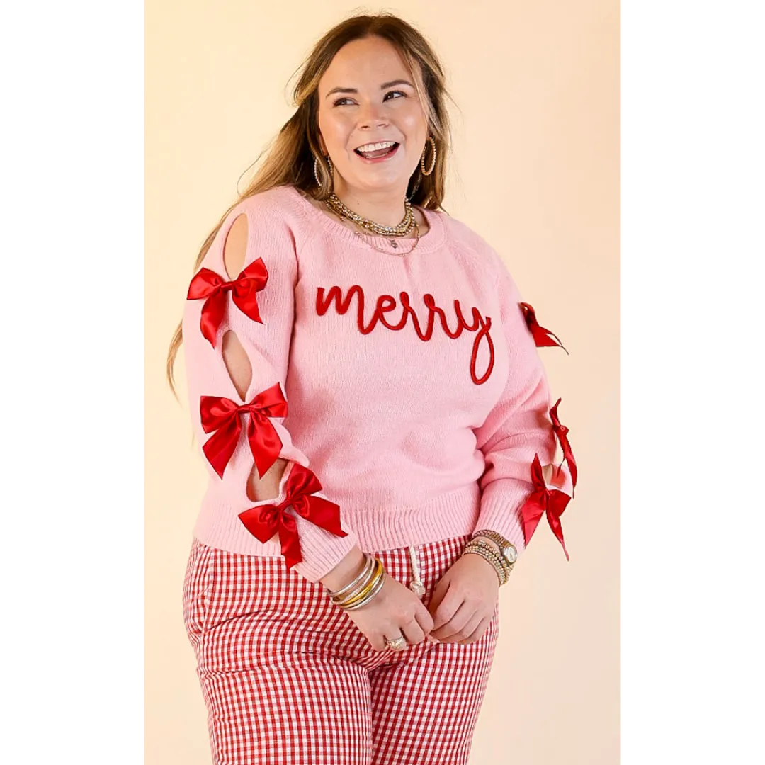 Antimicrobial Treatment Simply Southern | Merry Moment Textured Knit Sweater with Red Bows in Pink